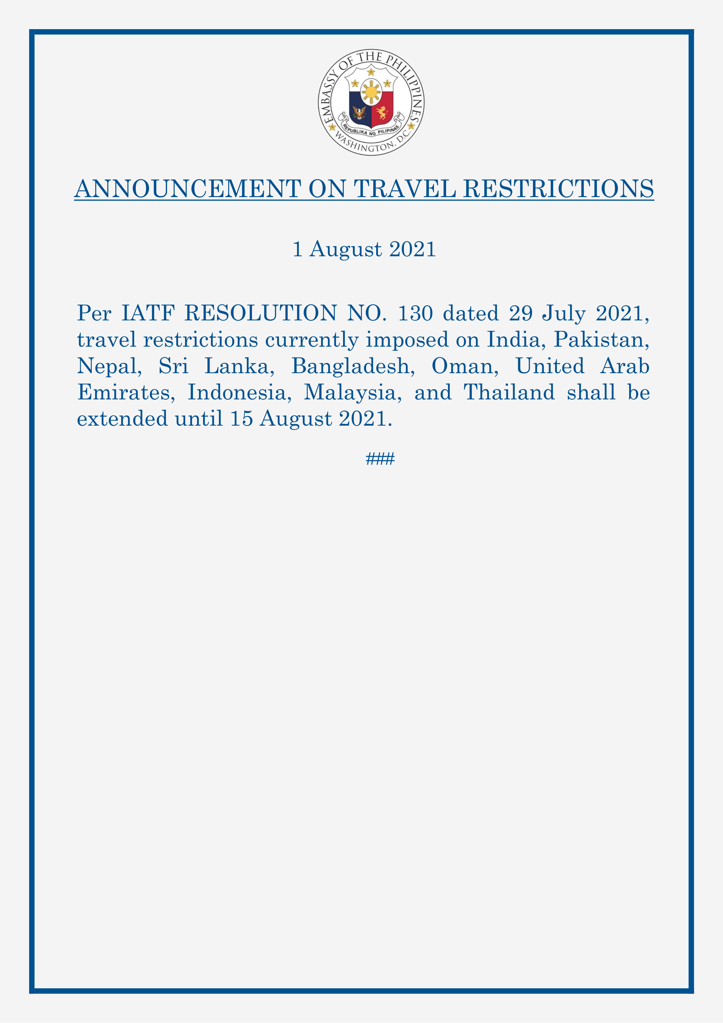 Read more about the article ANNOUNCEMENT ON TRAVEL RESTRICTIONS