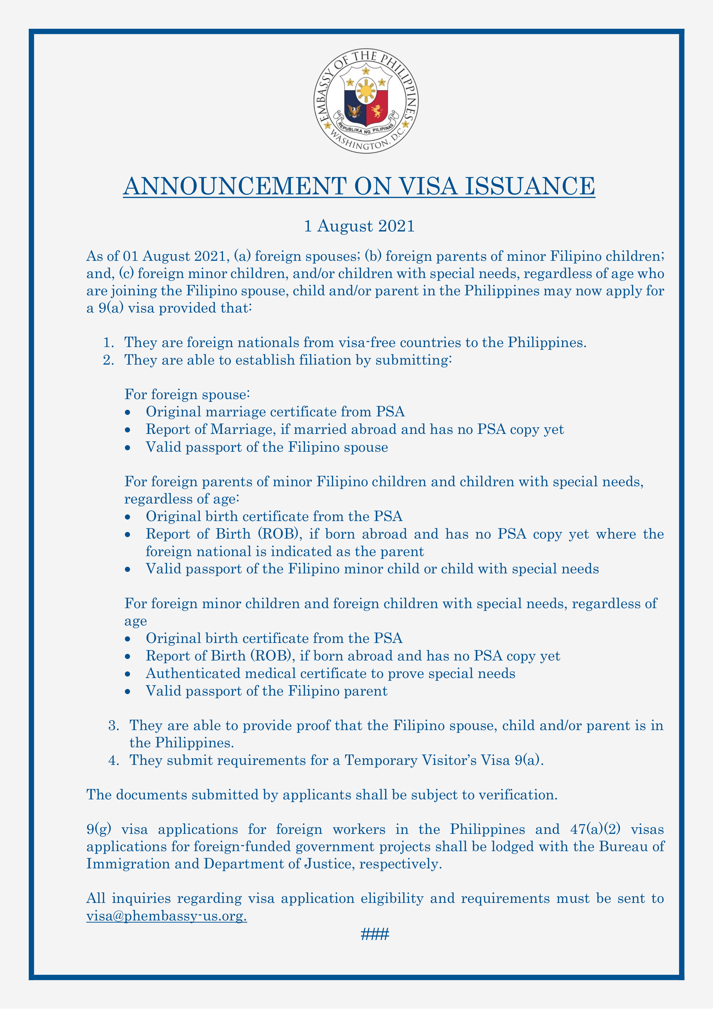 Read more about the article ANNOUNCEMENT ON VISA ISSUANCE