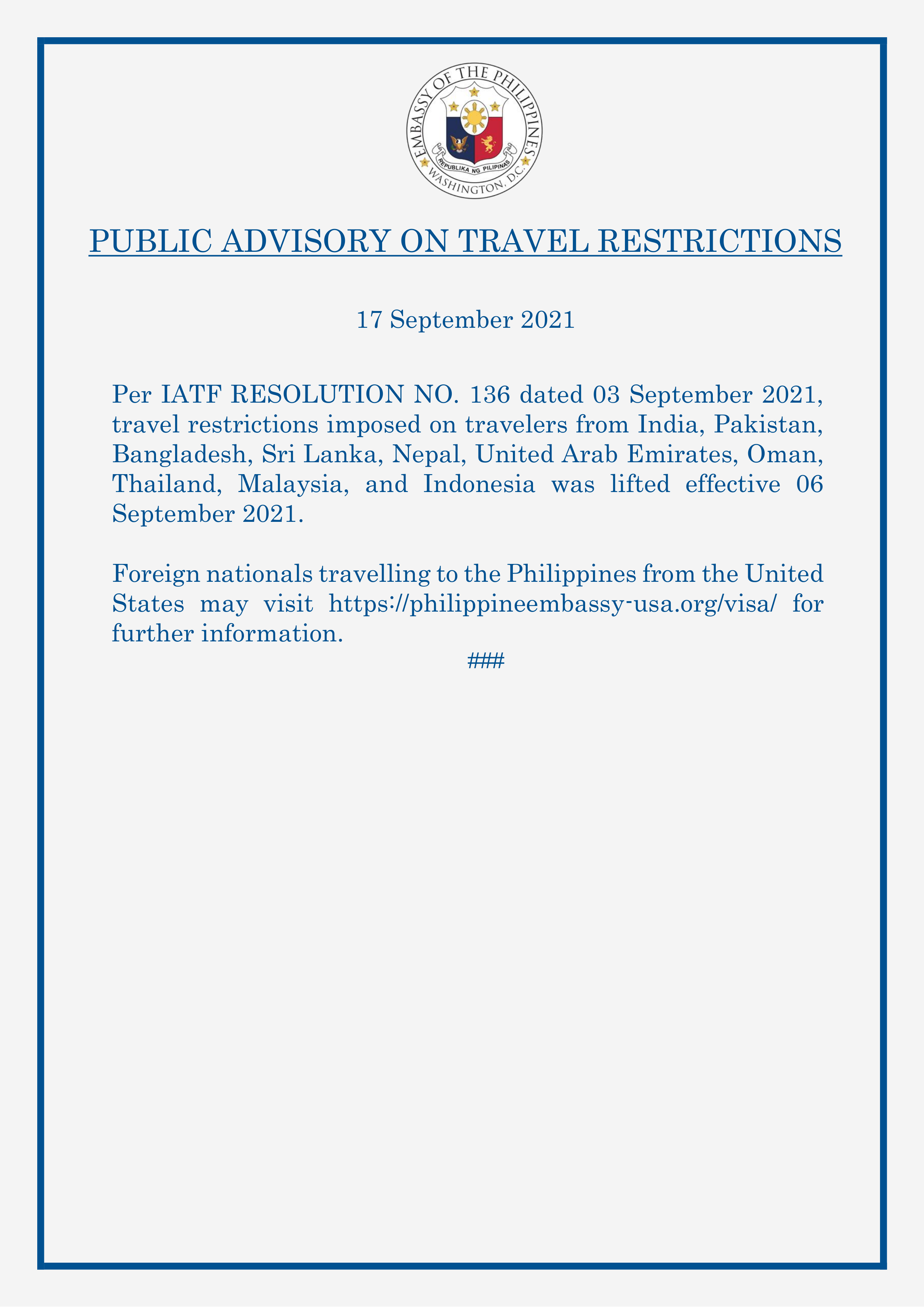 Read more about the article PUBLIC ADVISORY ON TRAVEL RESTRICTIONS