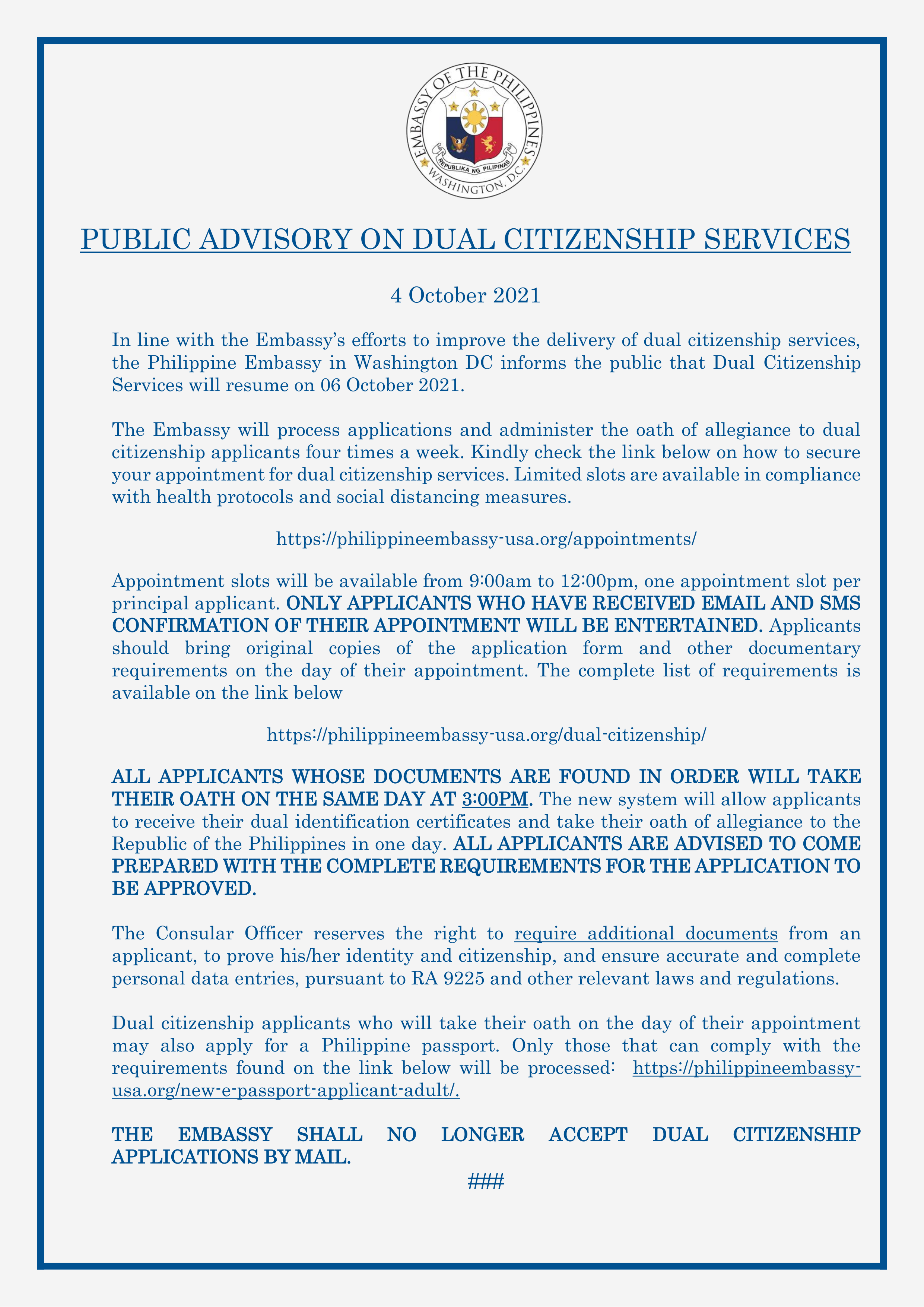 Read more about the article PUBLIC ADVISORY: DUAL CITIZENSHIP SERVICES