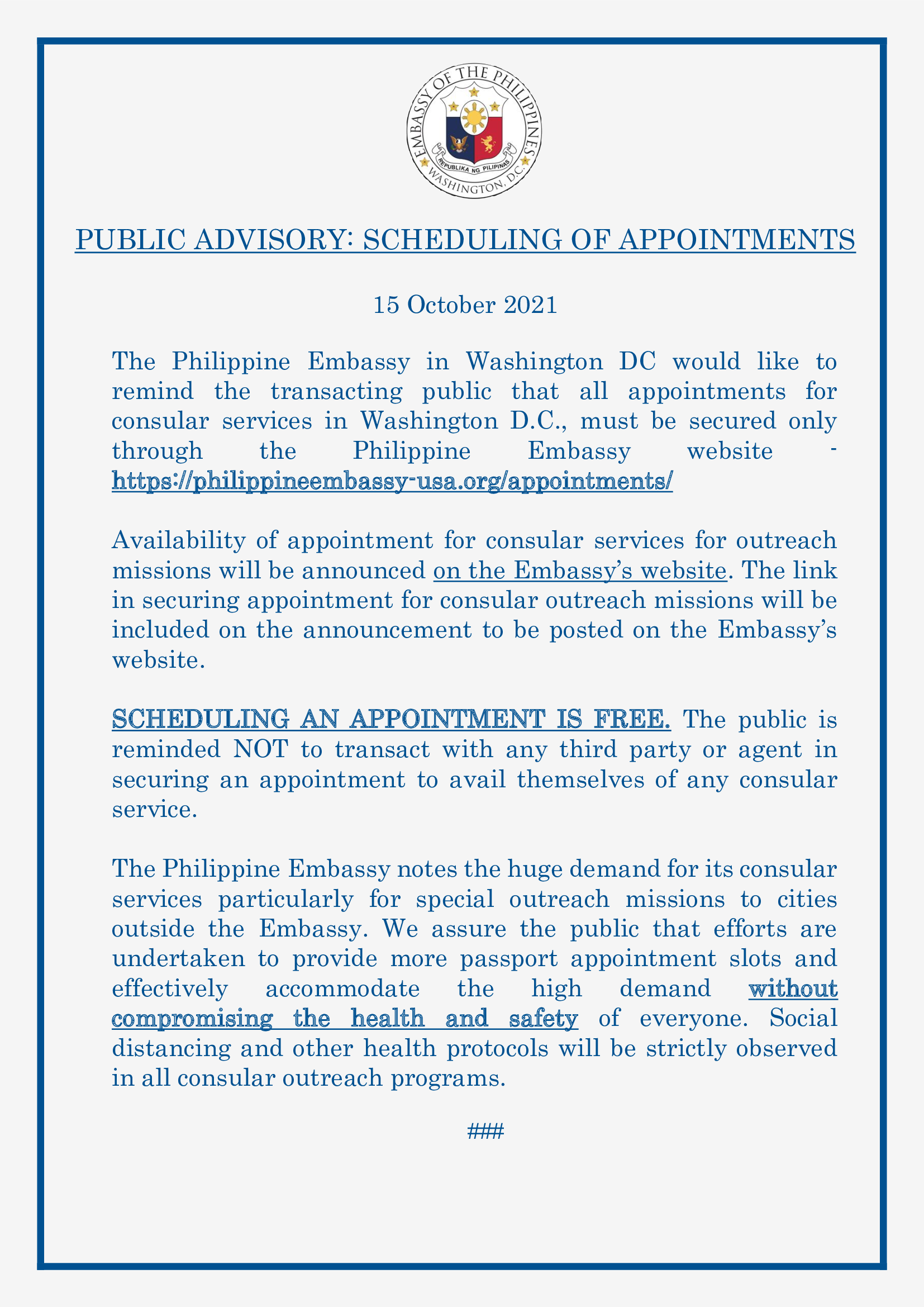 Read more about the article PUBLIC ADVISORY: SCHEDULING OF APPOINTMENTS