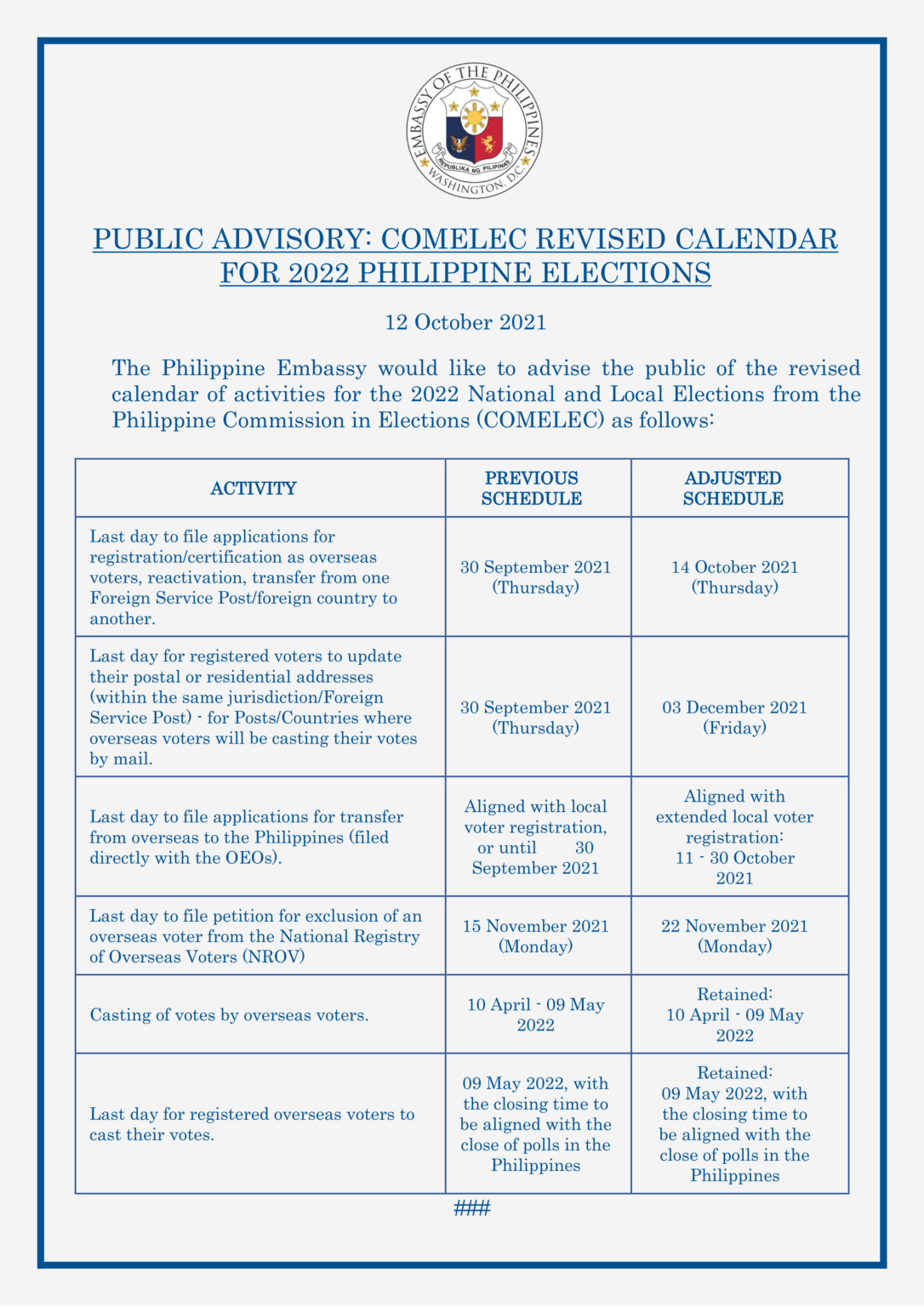 PUBLIC ADVISORY: COMELEC REVISED CALENDAR FOR 2022 PHILIPPINE ELECTIONS
