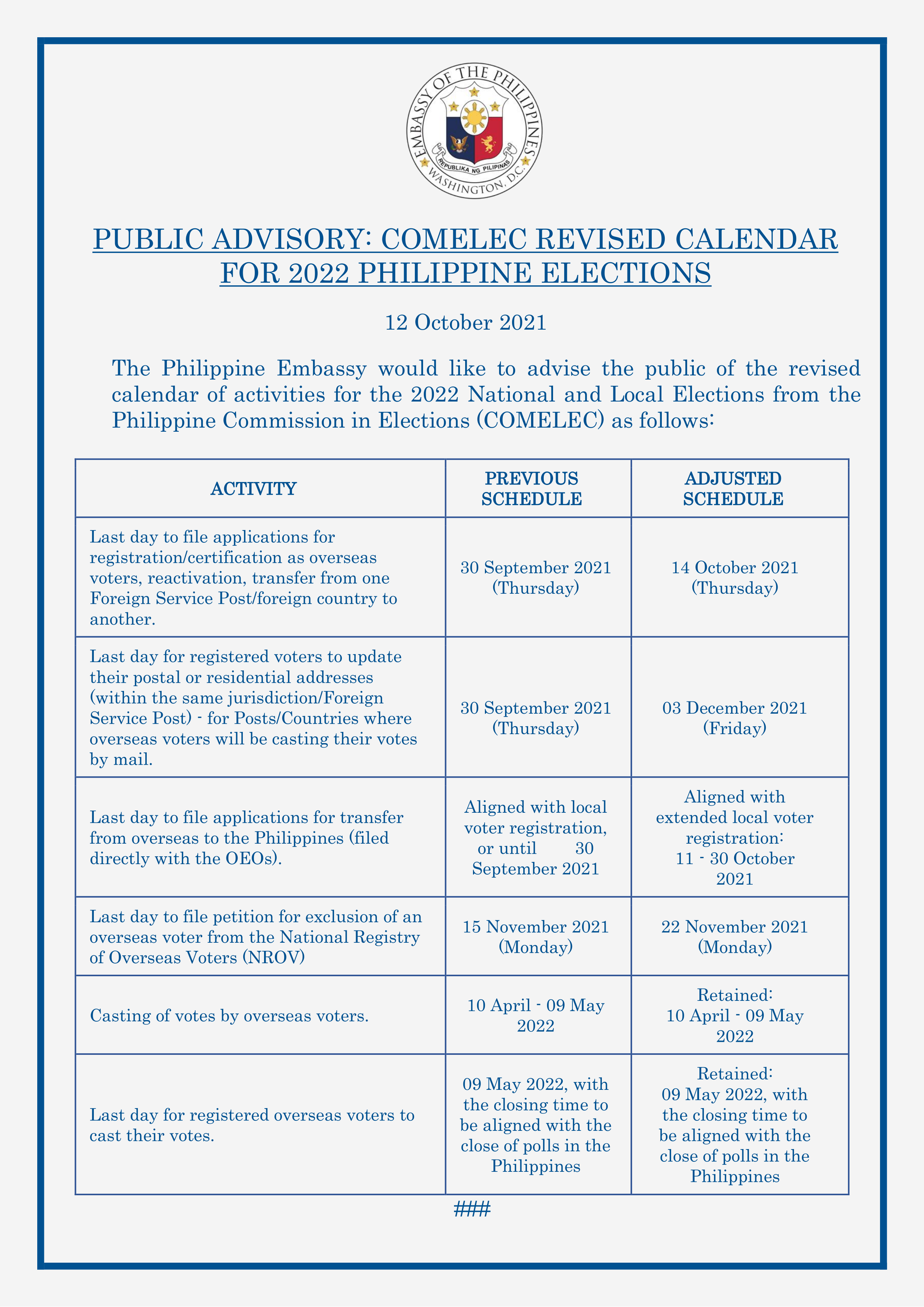 Read more about the article PUBLIC ADVISORY: COMELEC REVISED CALENDAR FOR 2022 PHILIPPINE ELECTIONS