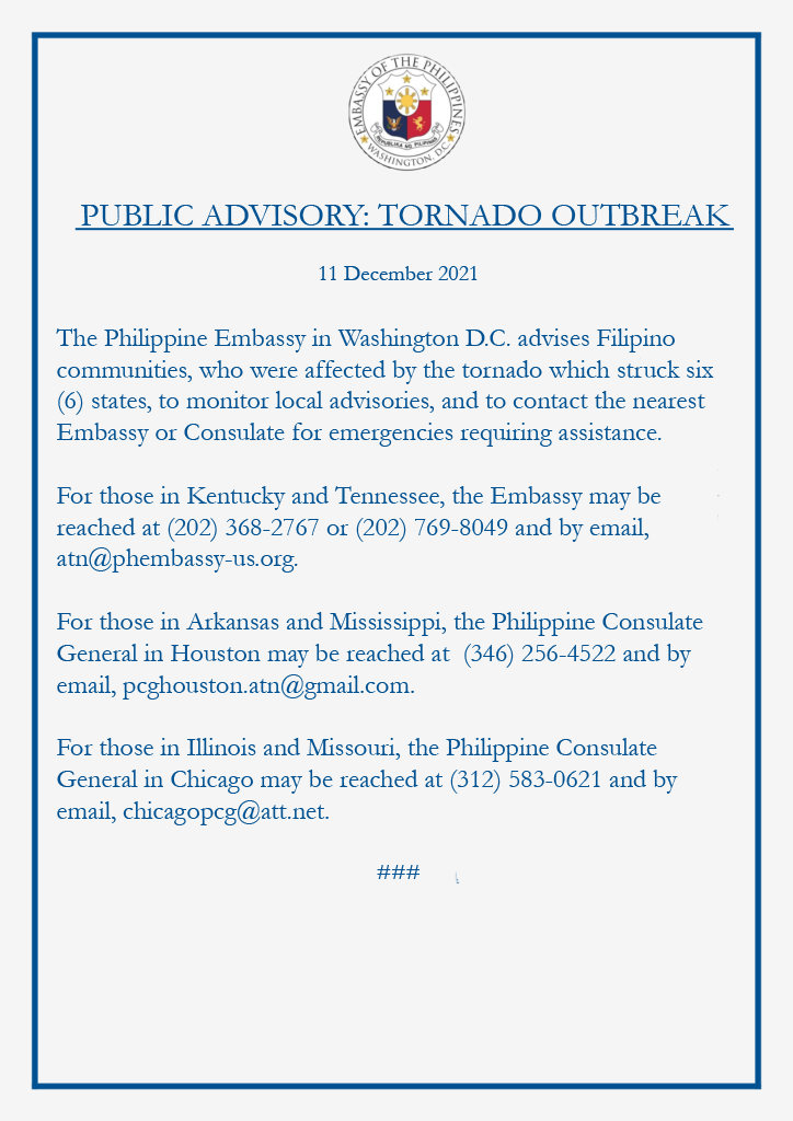 Read more about the article PUBLIC ADVISORY: TORNADO OUTBREAK