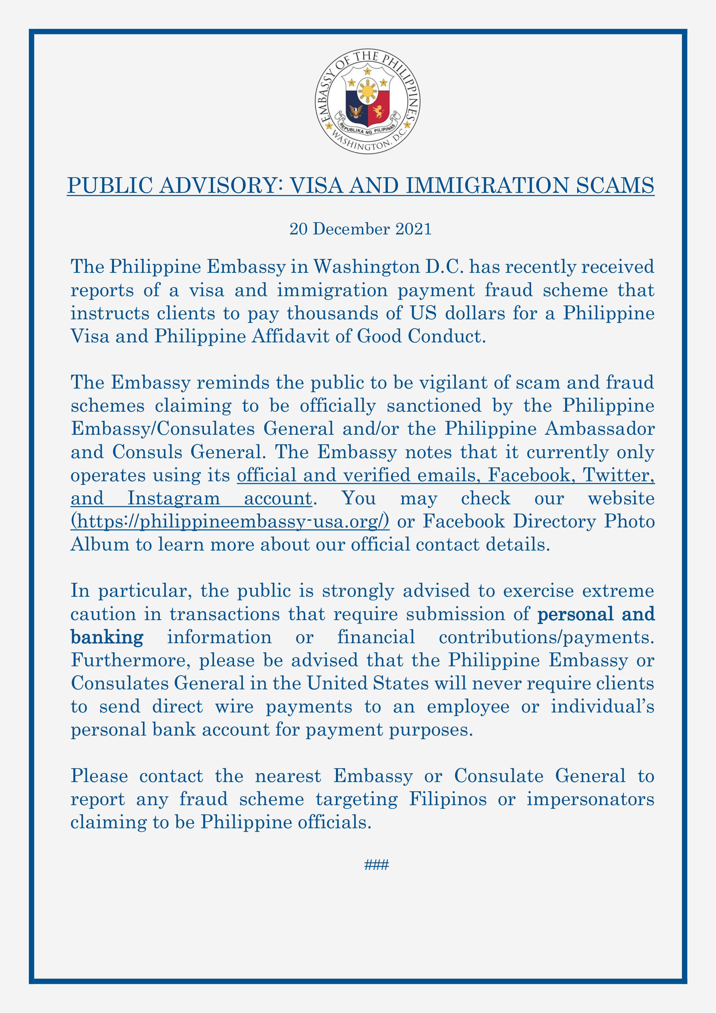 Read more about the article PUBLIC ADVISORY: VISA AND IMMIGRATION SCAMS