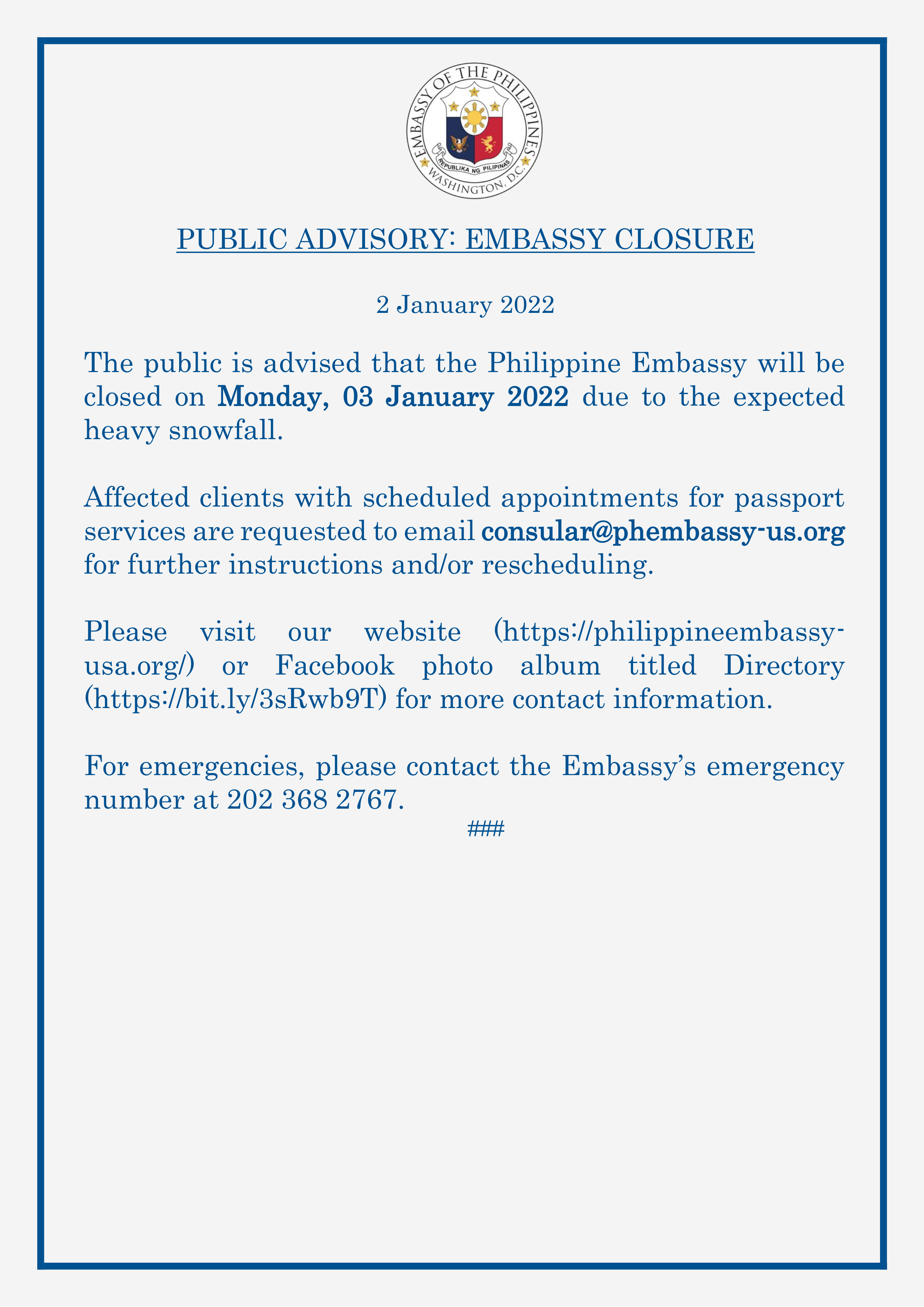 Read more about the article PUBLIC ADVISORY: EMBASSY CLOSURE