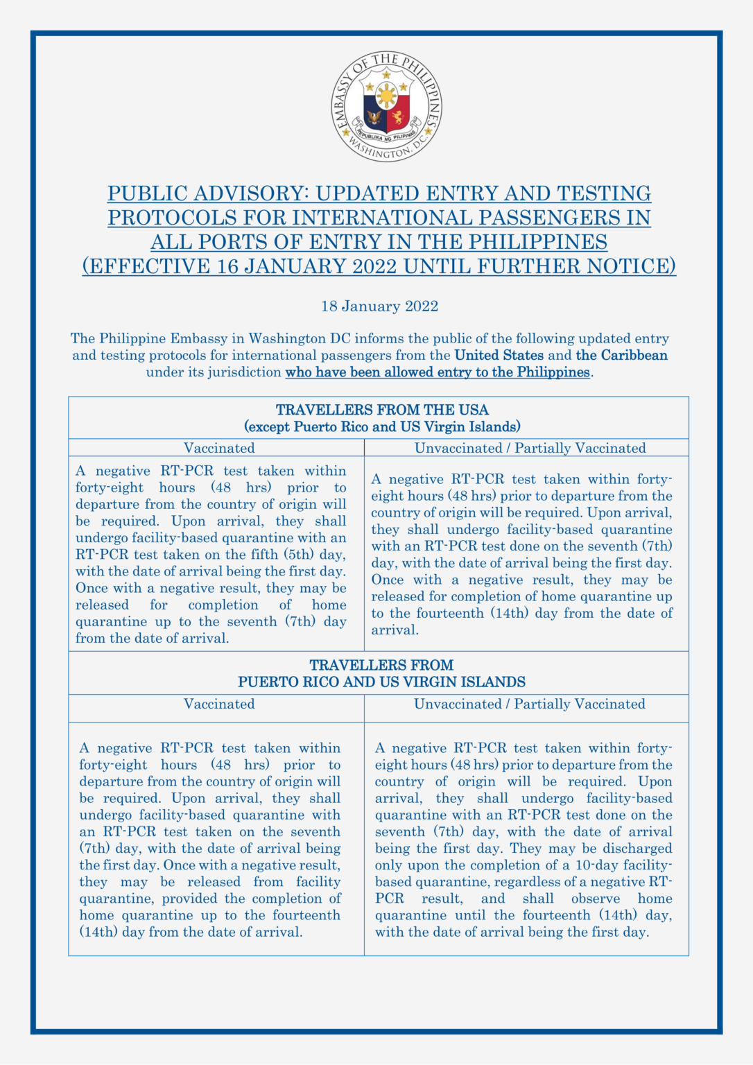 PUBLIC ADVISORY: UPDATED ENTRY AND TESTING PROTOCOLS FOR INTERNATIONAL ...