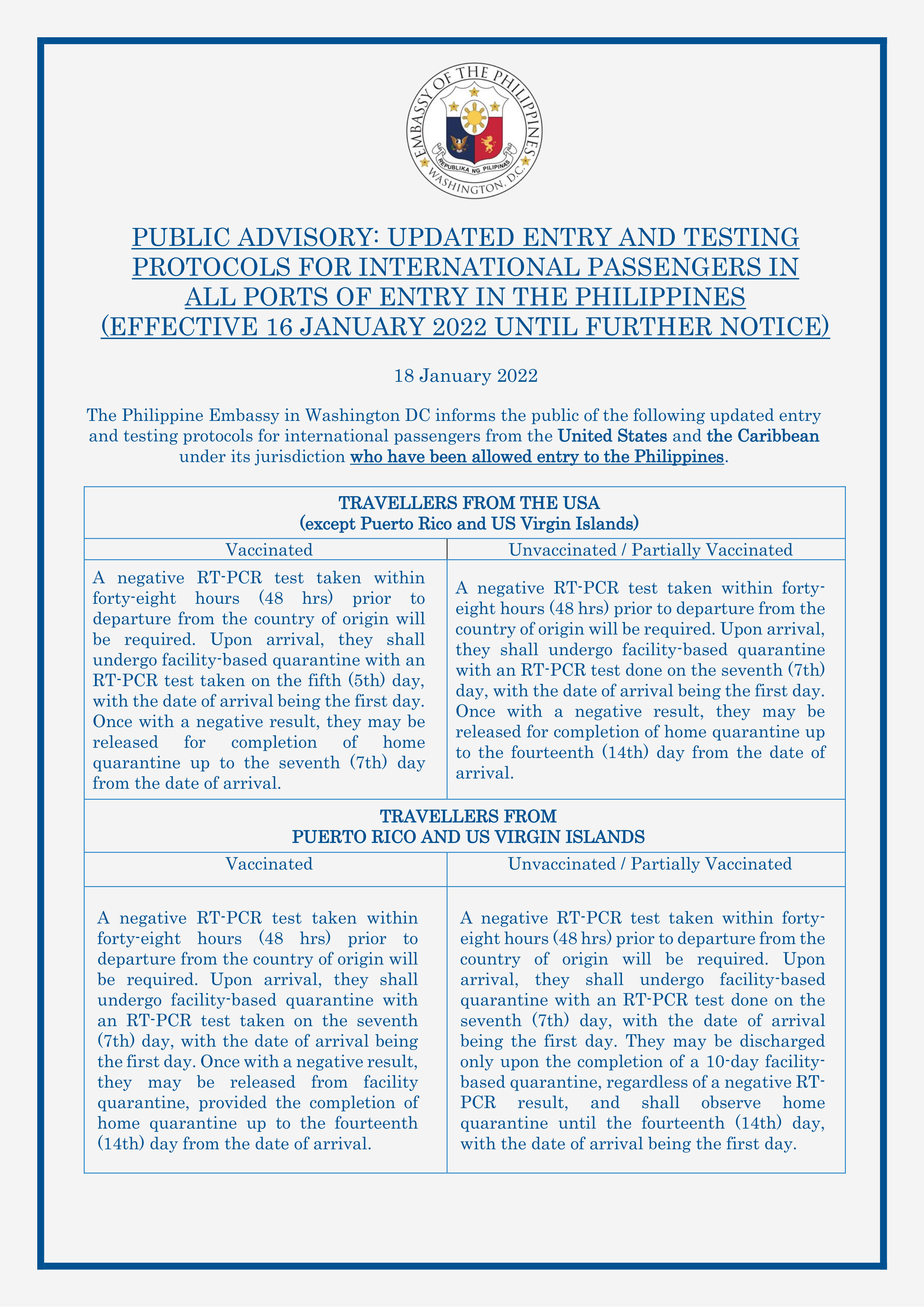 Read more about the article PUBLIC ADVISORY: UPDATED ENTRY AND TESTING PROTOCOLS FOR INTERNATIONAL PASSENGERS IN ALL PORTS OF ENTRY IN THE PHILIPPINES (EFFECTIVE 16 JANUARY 2022 UNTIL FURTHER NOTICE)