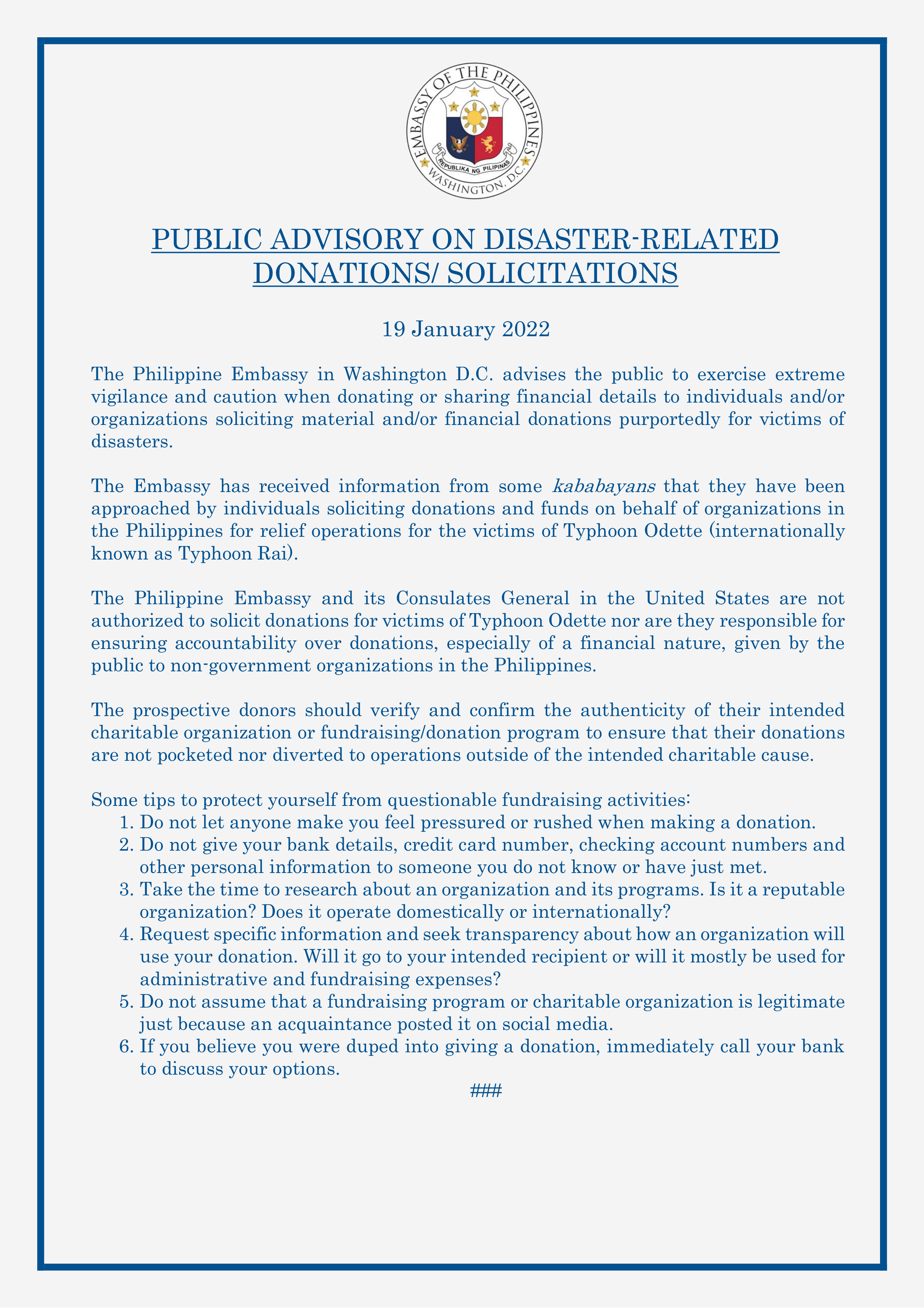 Read more about the article PUBLIC ADVISORY ON DISASTER-RELATED DONATIONS/ SOLICITATIONS