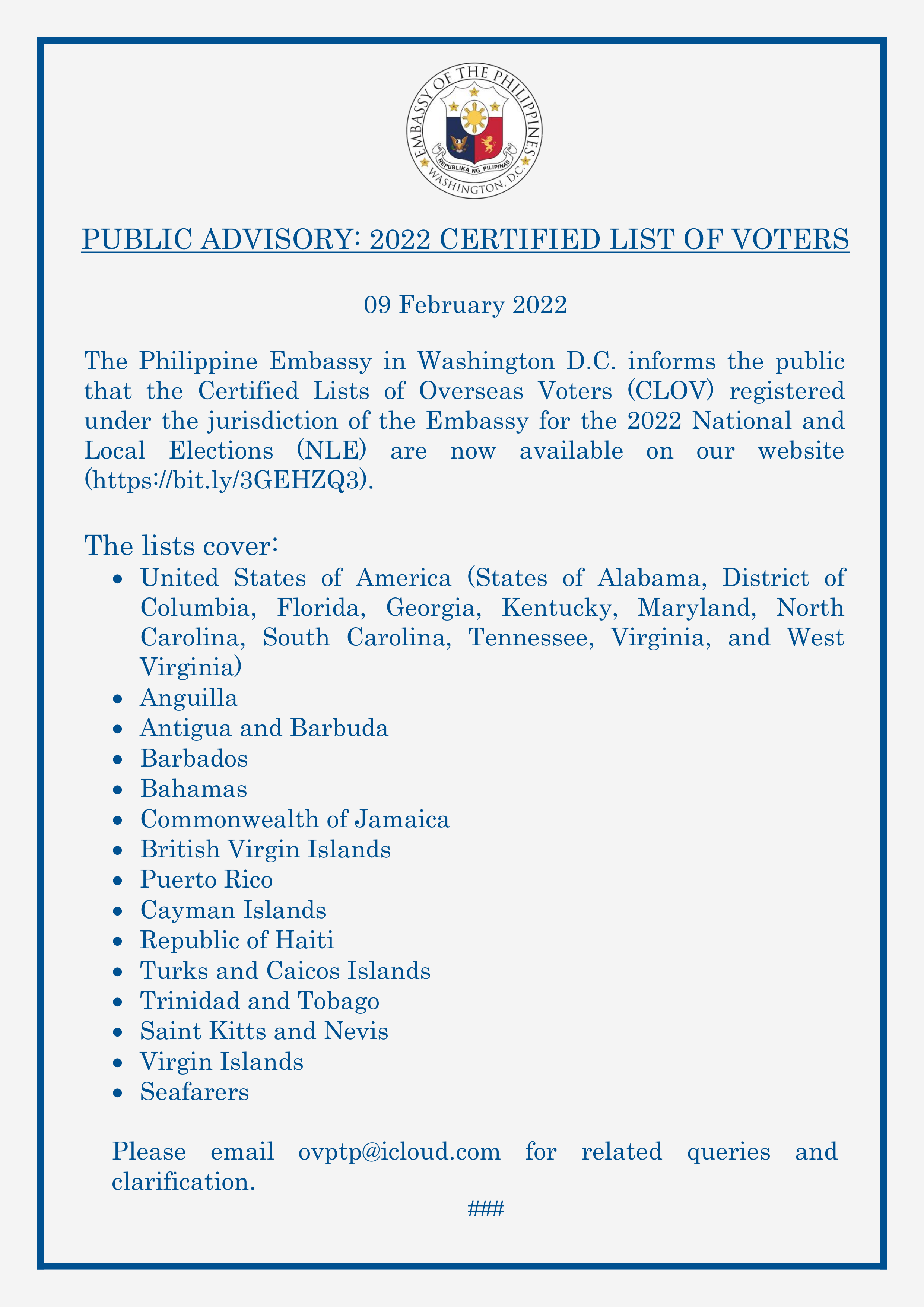 Read more about the article PUBLIC ADVISORY: 2022 CERTIFIED LIST OF VOTERS