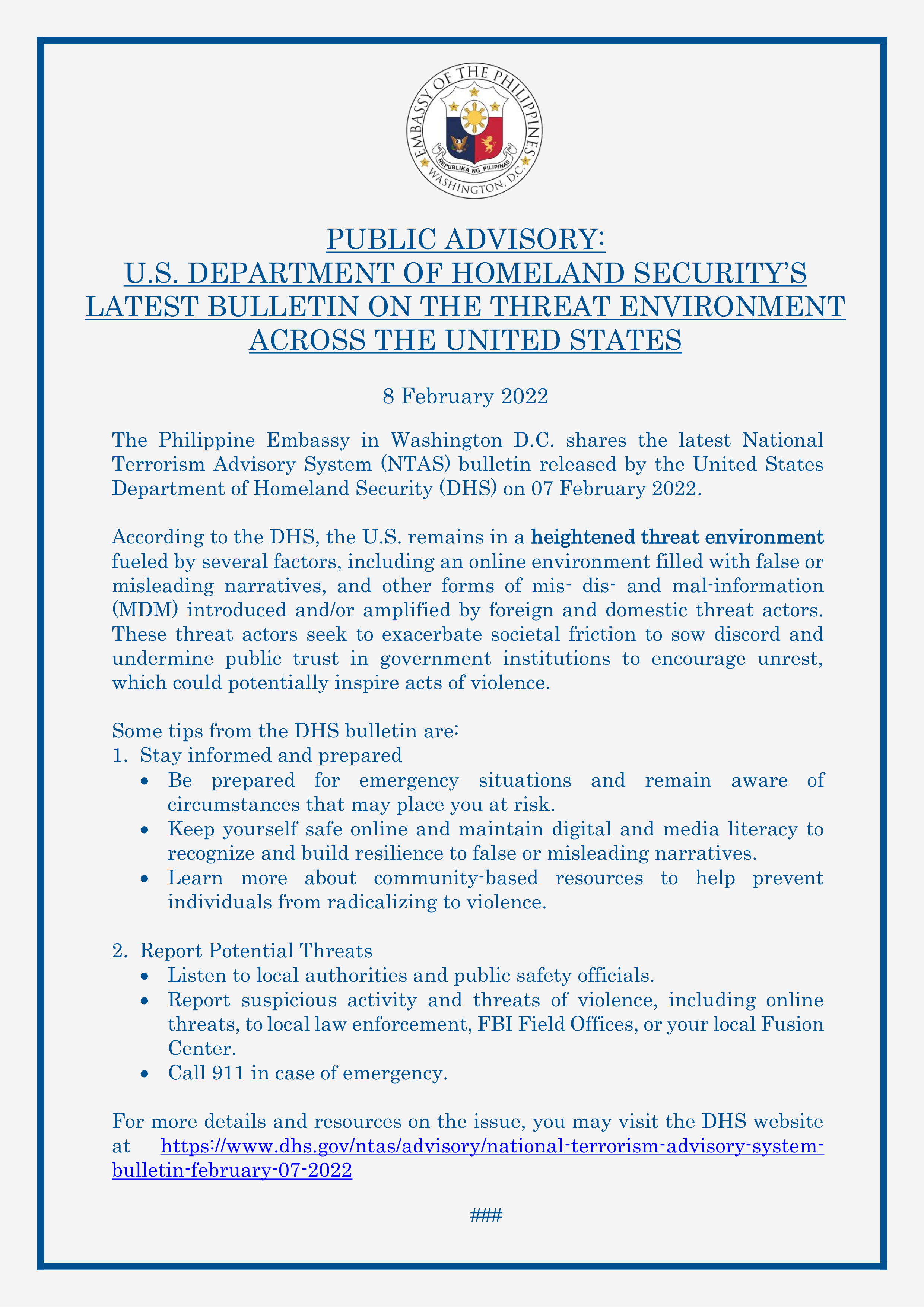 Read more about the article PUBLIC ADVISORY: U.S. DEPARTMENT OF HOMELAND SECURITY’S LATEST BULLETIN ON THE THREAT ENVIRONMENT ACROSS THE UNITED STATES