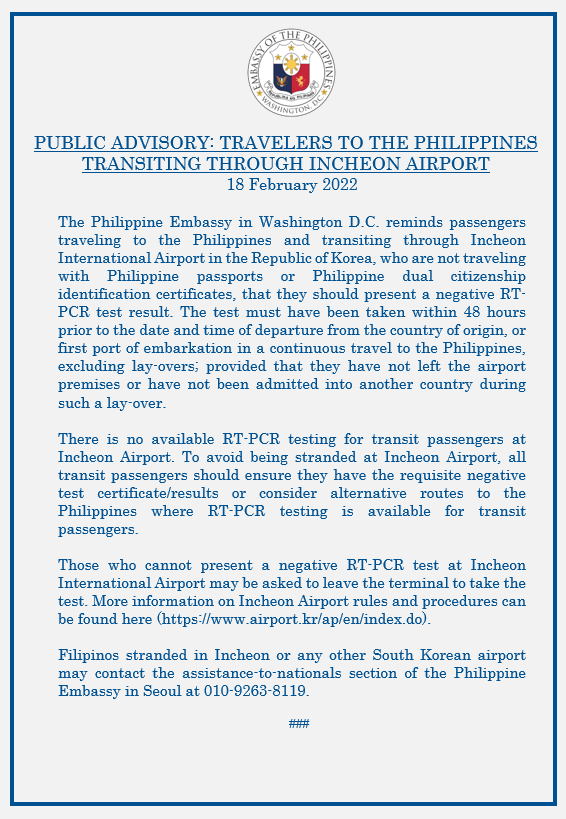 Read more about the article PUBLIC ADVISORY: TRAVELERS TO THE PHILIPPINES TRANSITING THROUGH INCHEON AIRPORT