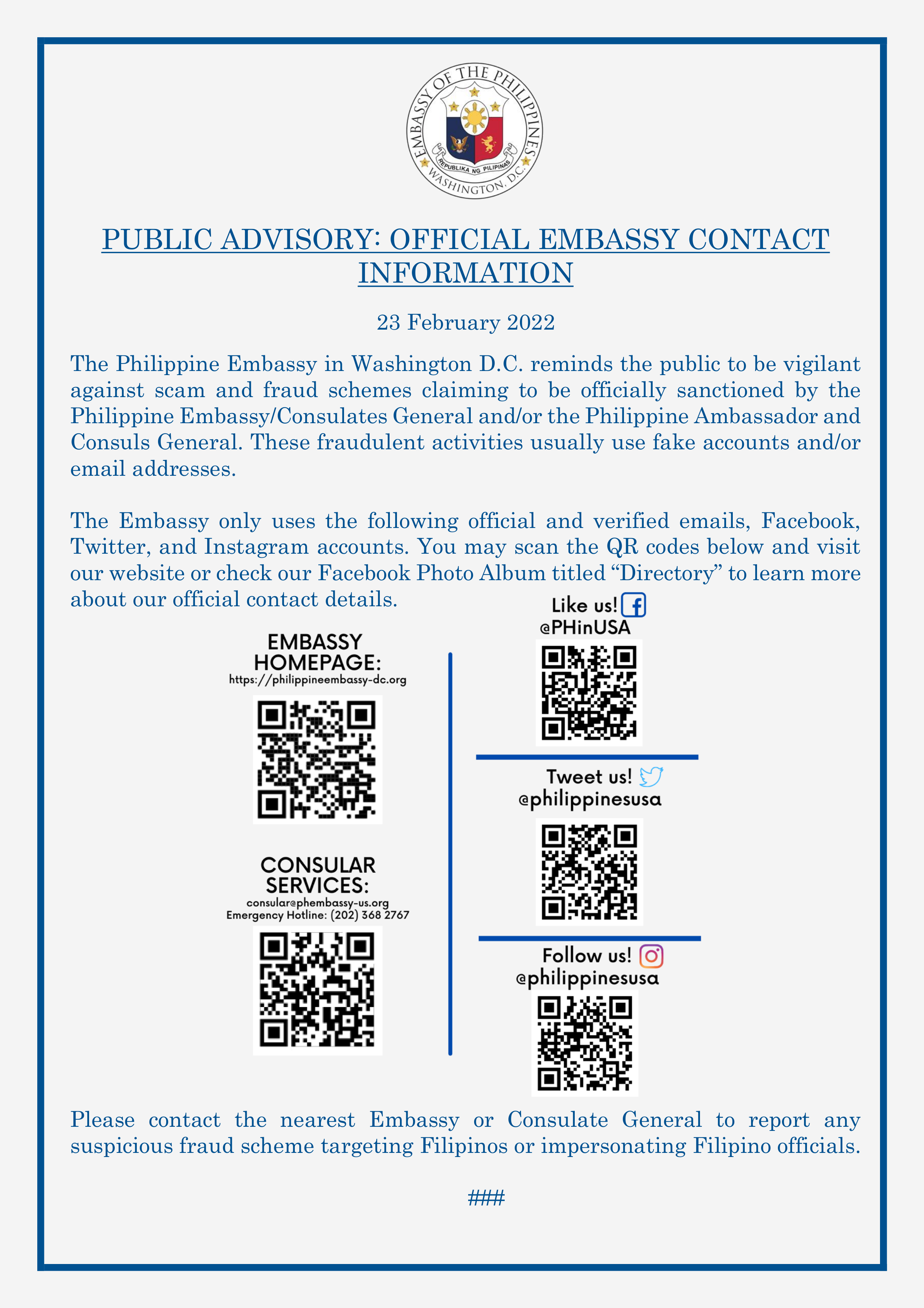 Read more about the article PUBLIC ADVISORY: OFFICIAL EMBASSY CONTACT INFORMATION