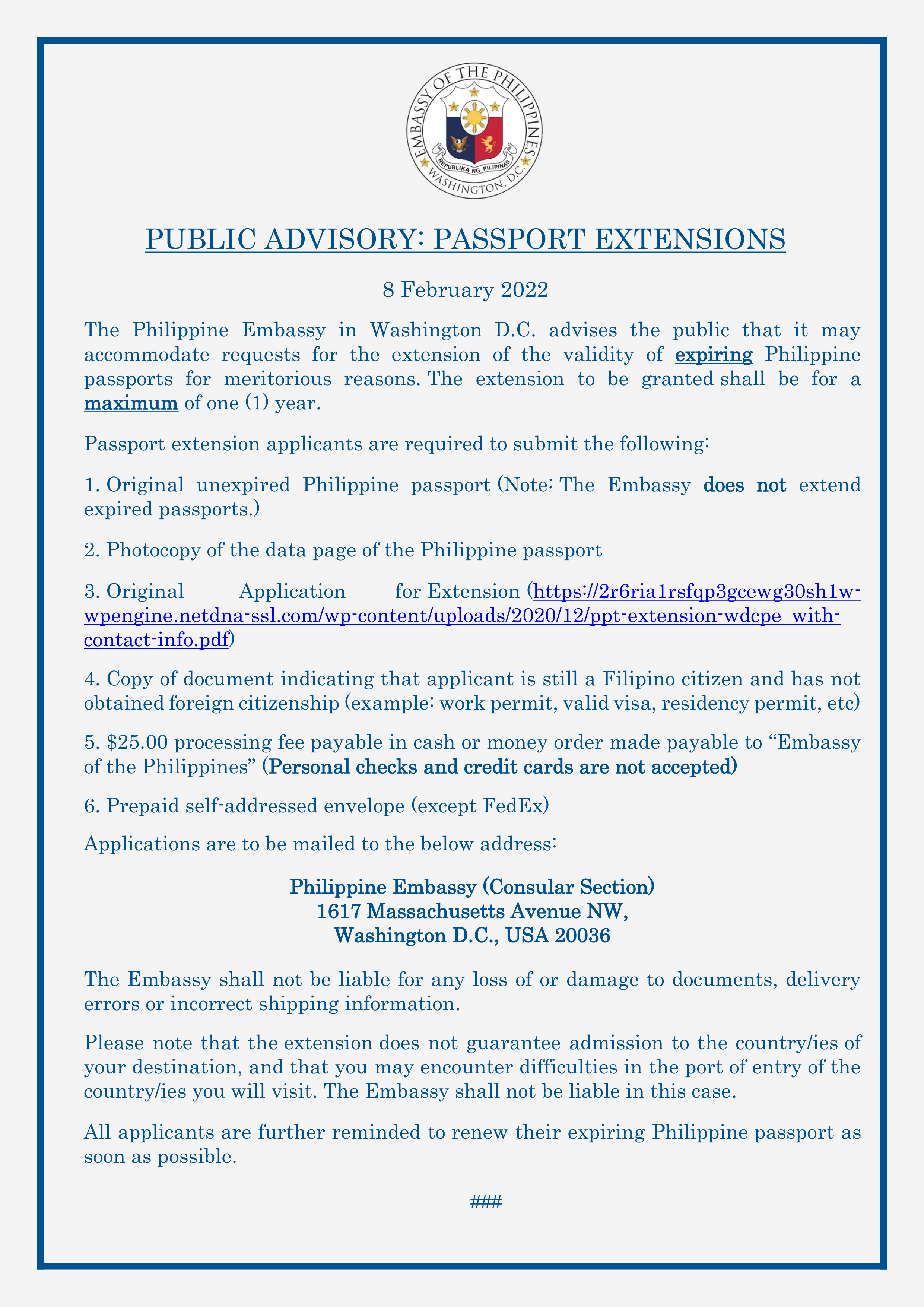 Read more about the article PUBLIC ADVISORY: PASSPORT EXTENSIONS