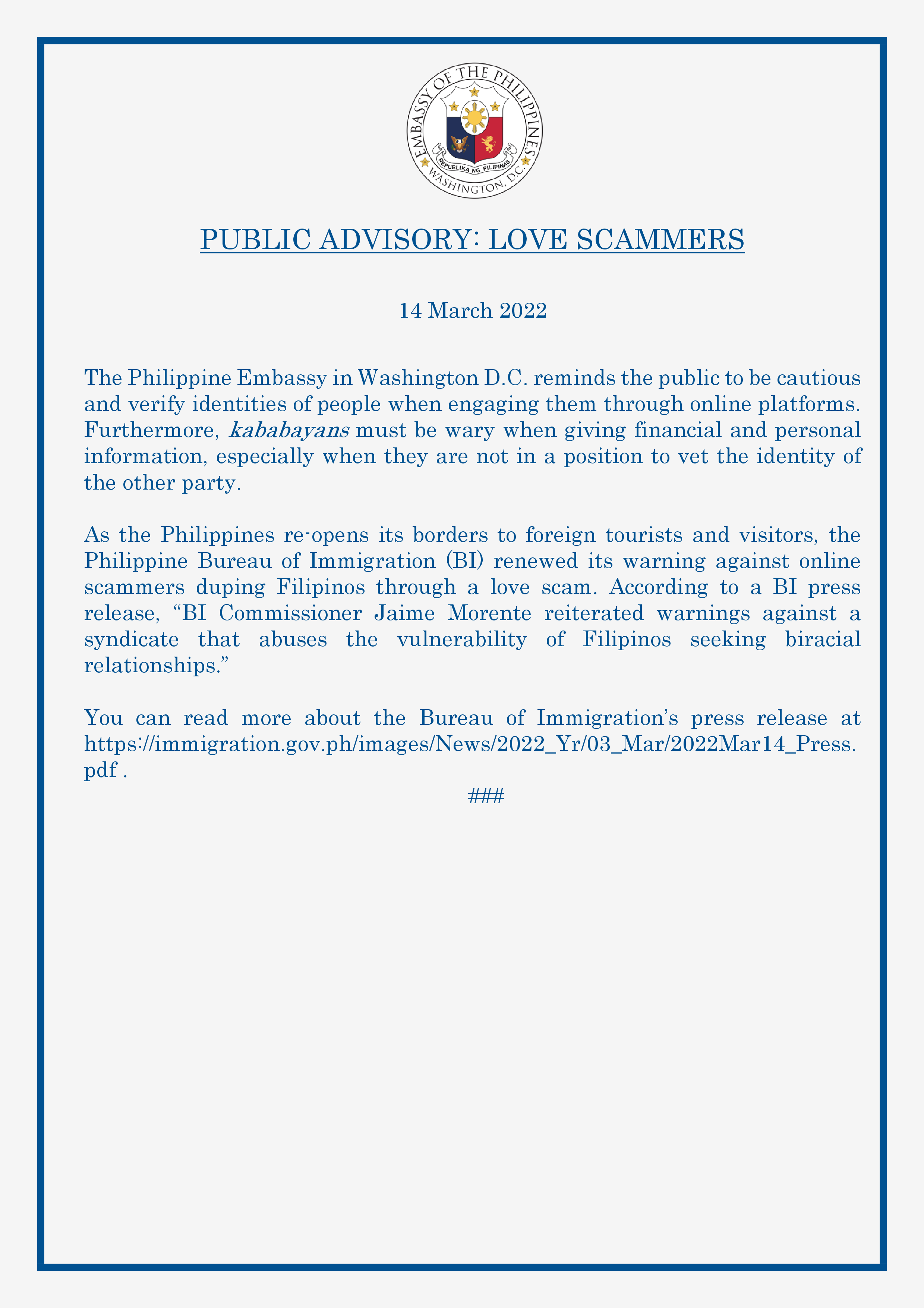 Read more about the article PUBLIC ADVISORY: LOVE SCAMMERS