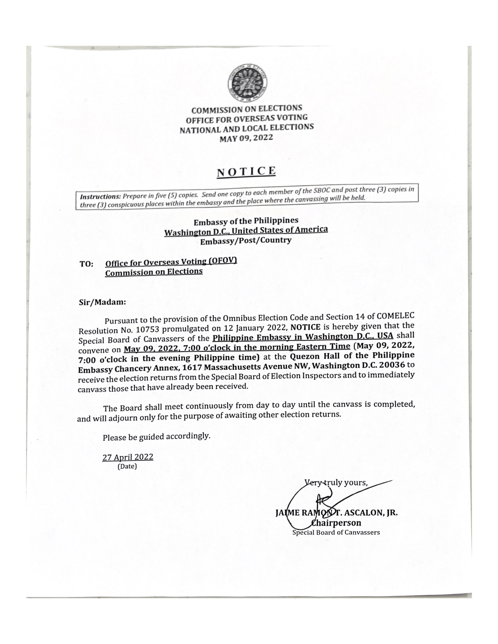 NOTICE OF MEETING OF THE SPECIAL BOARD OF CANVASSERS (SBOC)