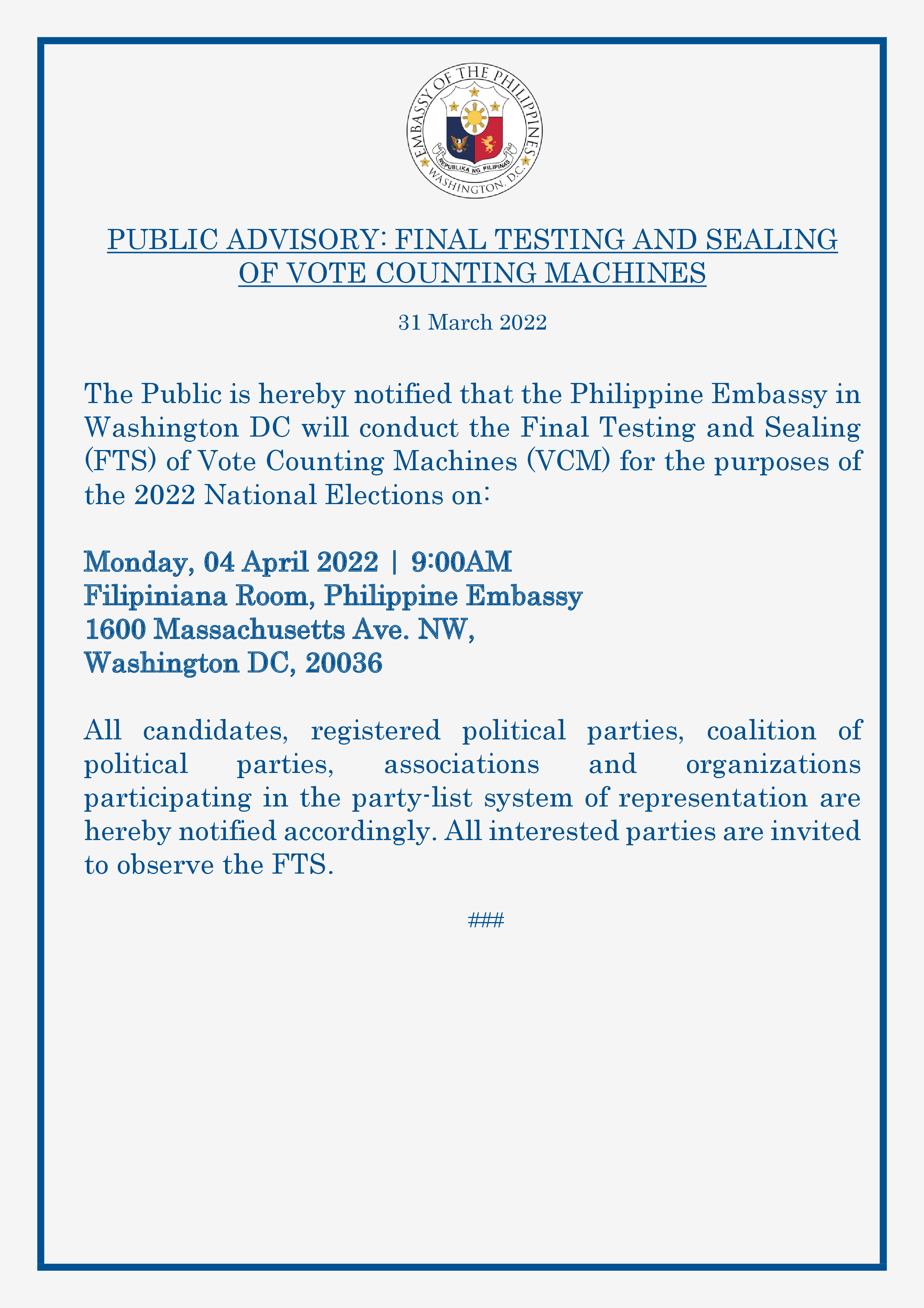 Read more about the article PUBLIC ADVISORY: FINAL TESTING AND SEALING OF VOTE COUNTING MACHINES