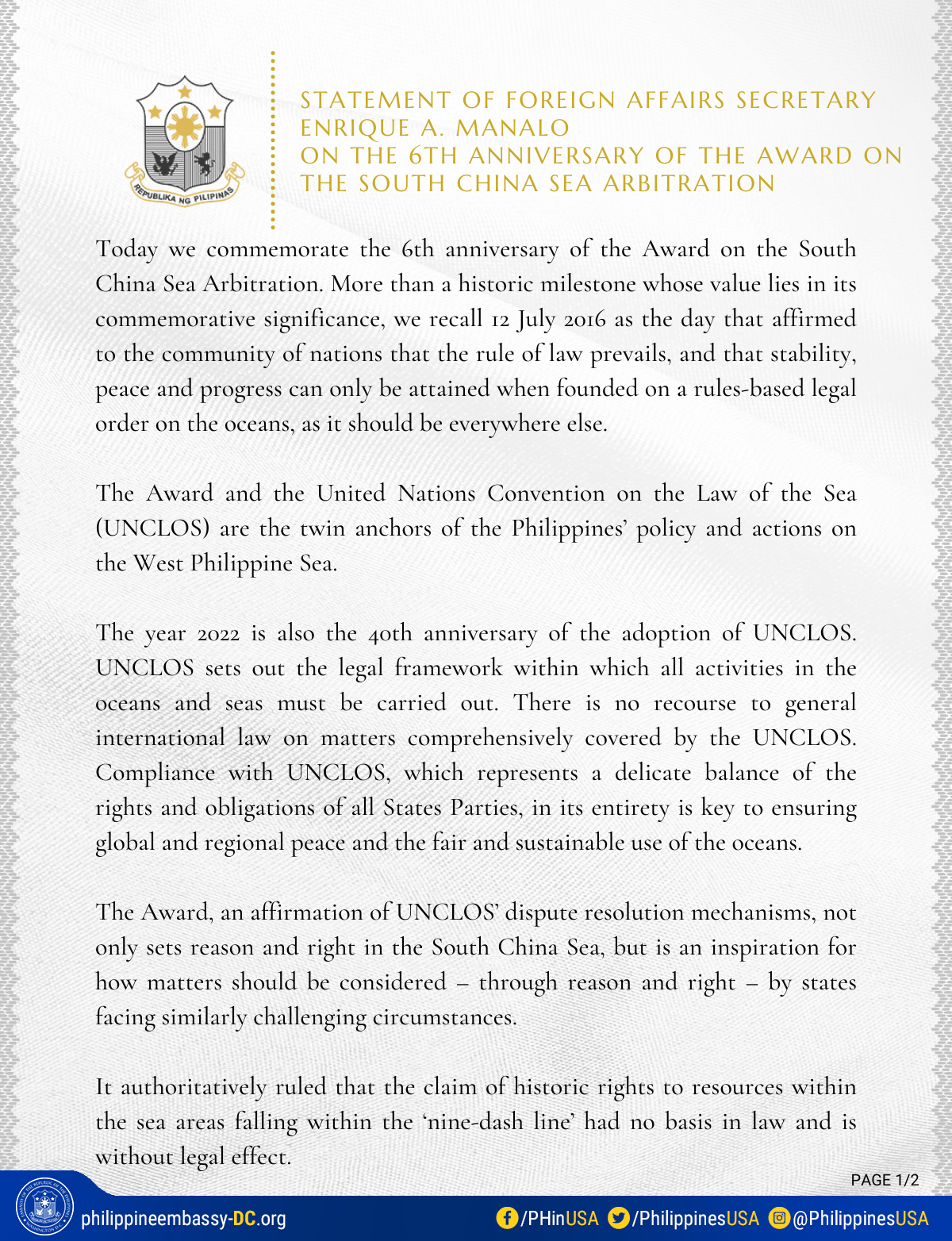 STATEMENT OF FOREIGN AFFAIRS SECRETARY ENRIQUE A. MANALO ON THE 6TH ANNIVERSARY OF THE AWARD ON THE SOUTH CHINA SEA ARBITRATION