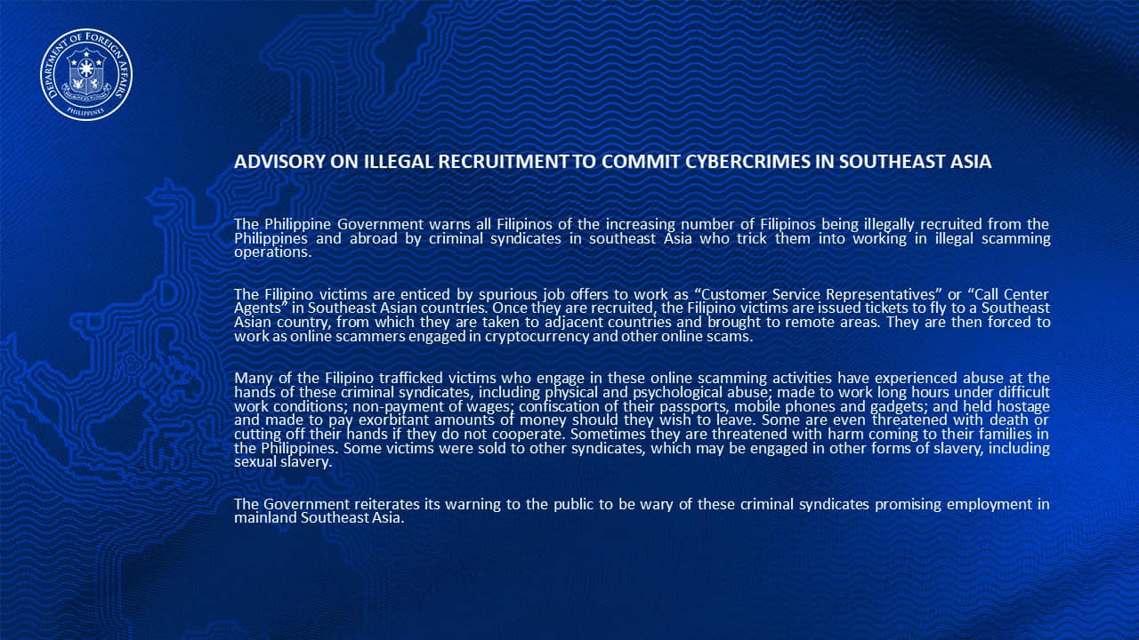 ADVISORY ON ILLEGAL RECRUITMENT TO COMMIT CYBERCRIMES IN SOUTHEAST ASIA