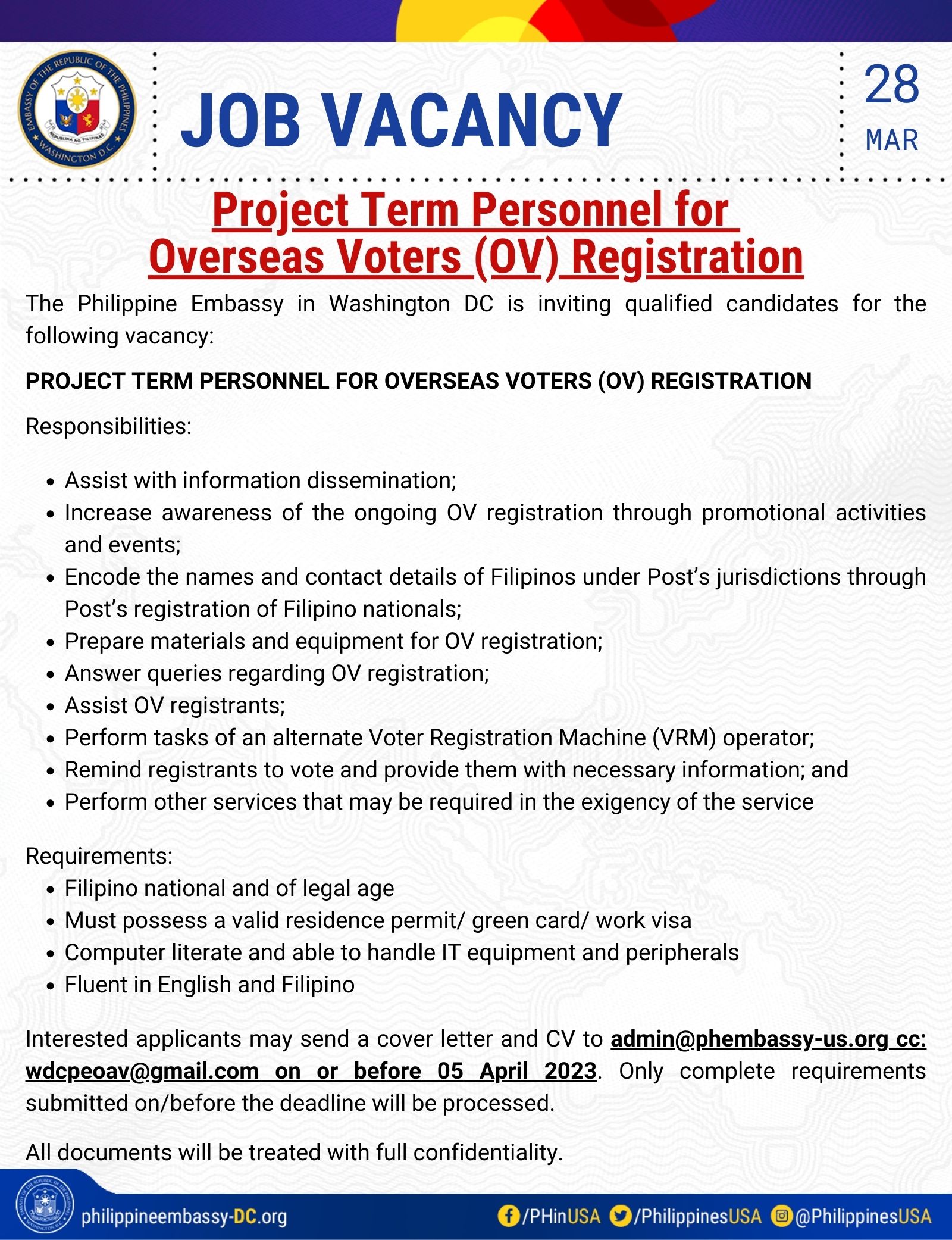 Read more about the article <strong>JOB VACANCY: Project Term Personnel for Overseas Voters (OV) Registration</strong>