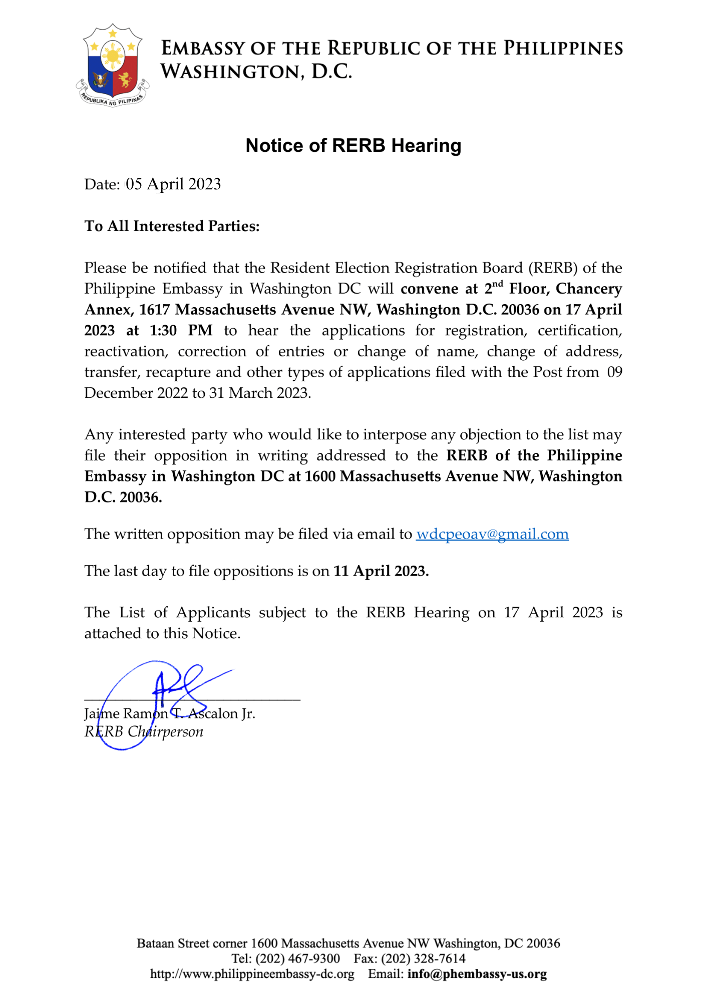 Read more about the article NOTICE OF HEARING FOR RESIDENT ELECTION REGISTRATION BOARD (RERB)