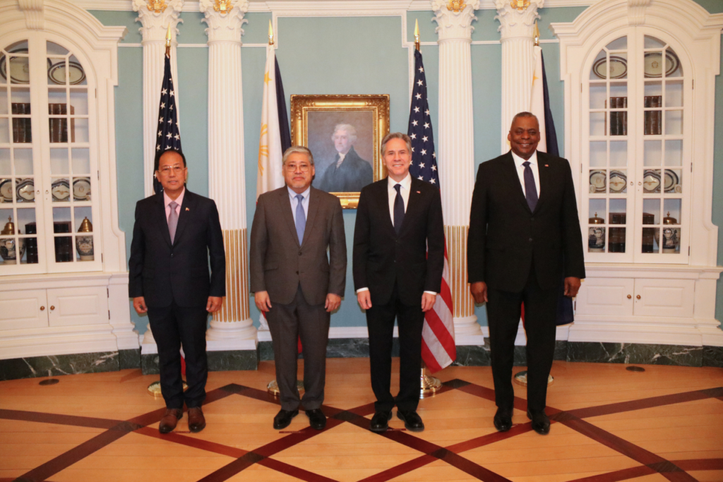(L-R) Philippine Senior Undersecretary and Officer in Charge (OIC) of National Defense Carlito Galvez Jr., Philippine Secretary of Foreign Affairs Enrique A. Manalo, US Secretary of State Antony J. Blinken, and US Secretary of Defense Lloyd J. Austin III