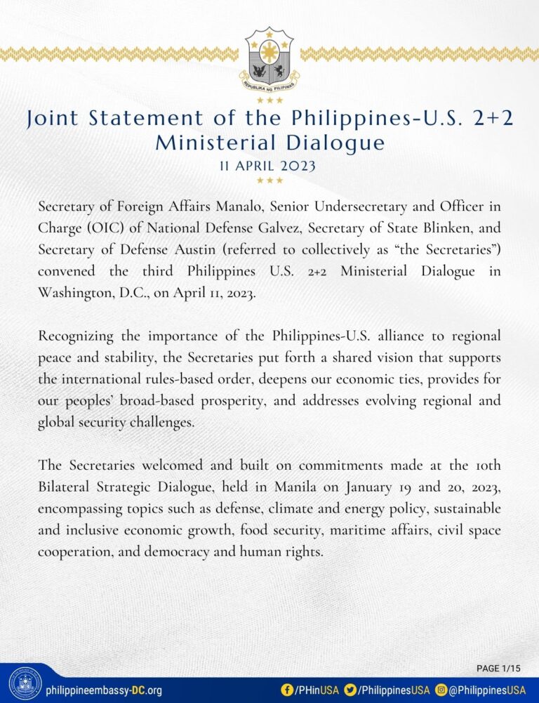 JOINT STATEMENT OF THE PHILIPPINES-U.S. 2+2 MINISTERIAL DIALOGUE ...