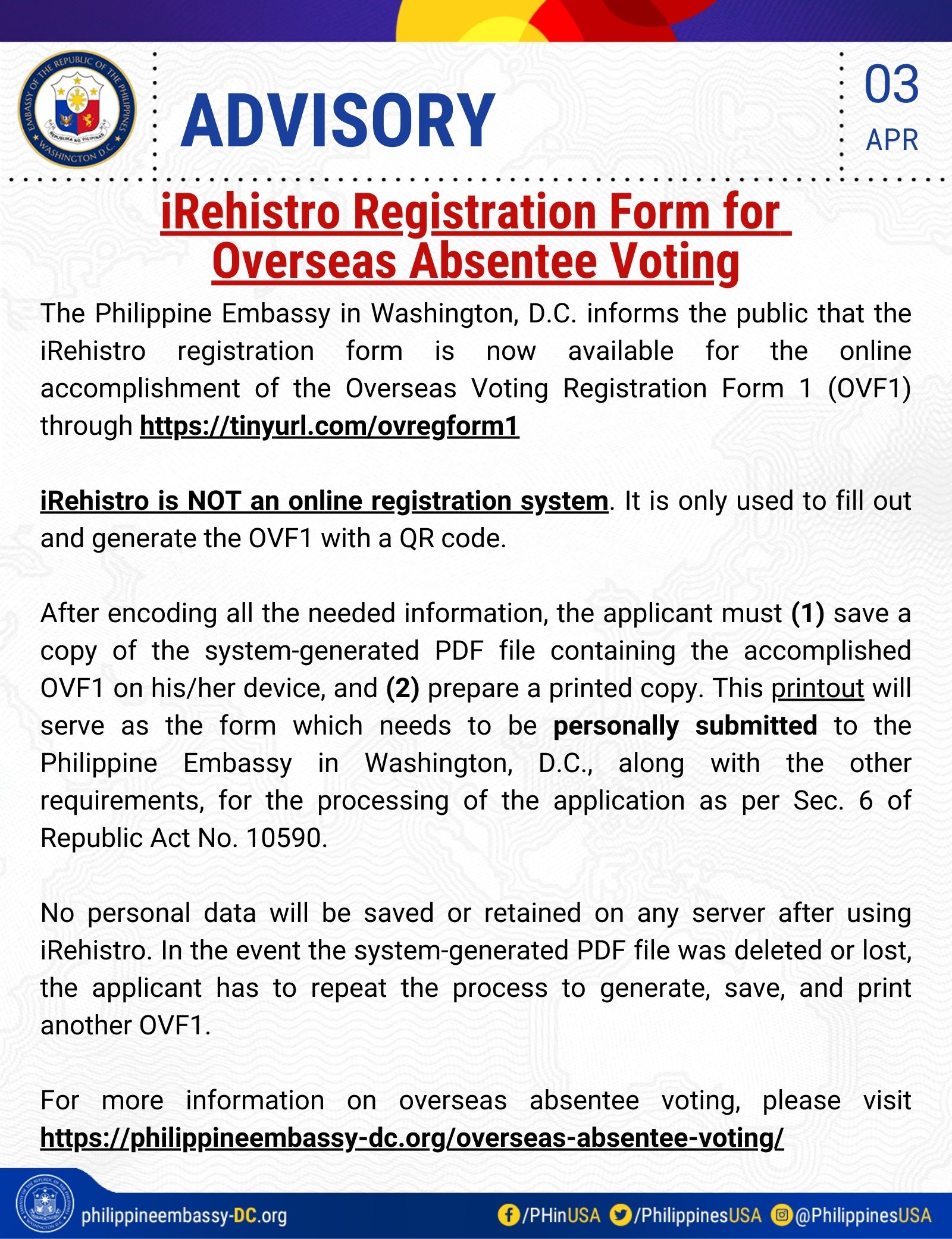Read more about the article <strong>ADVISORY ON AVAILABILITY OF iREHISTRO FOR OVERSEAS VOTING REGISTRATION FORM</strong>