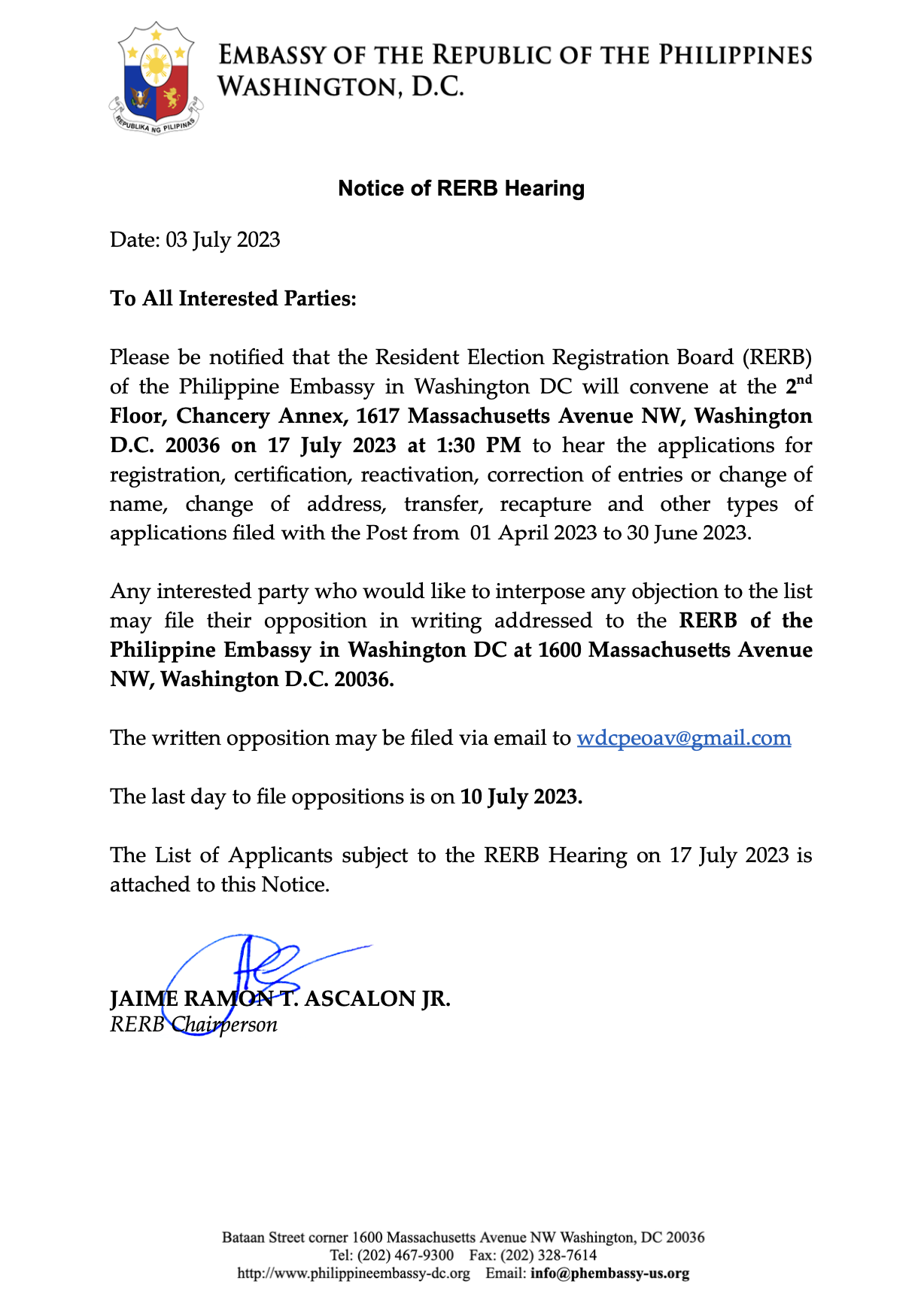 Read more about the article Notice of RERB Hearing – 03 July 2023