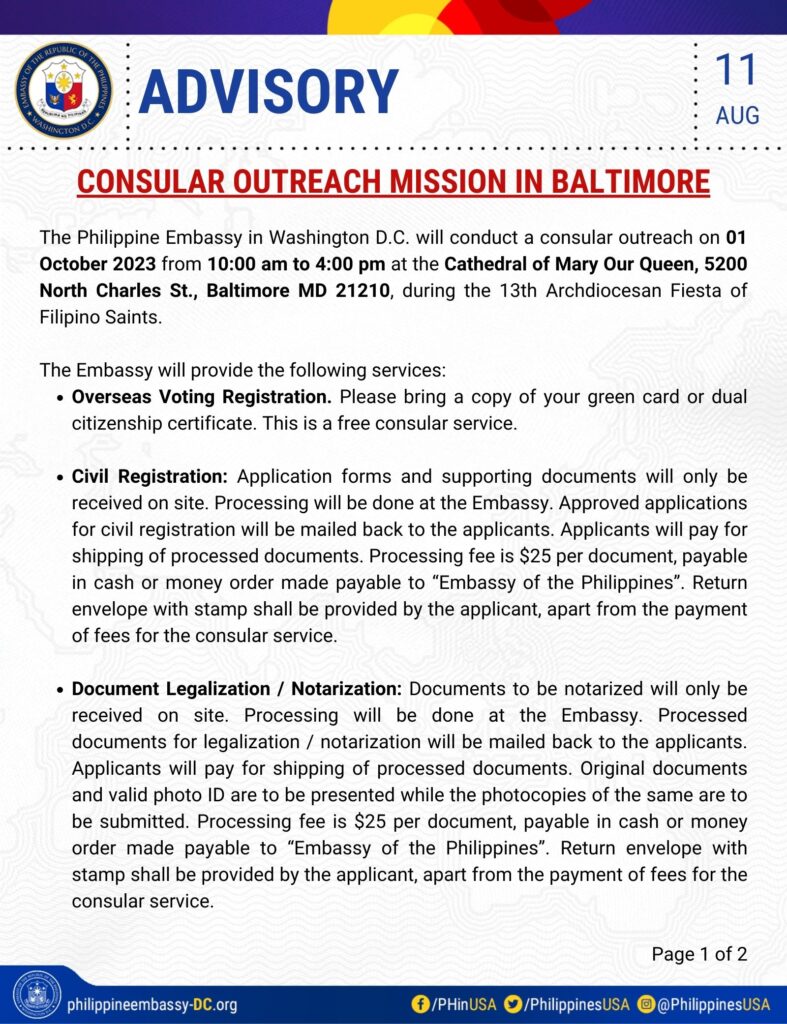 Consular Outreach Mission in Baltimore August 11, 2023 Washington DC Philippine Embassy