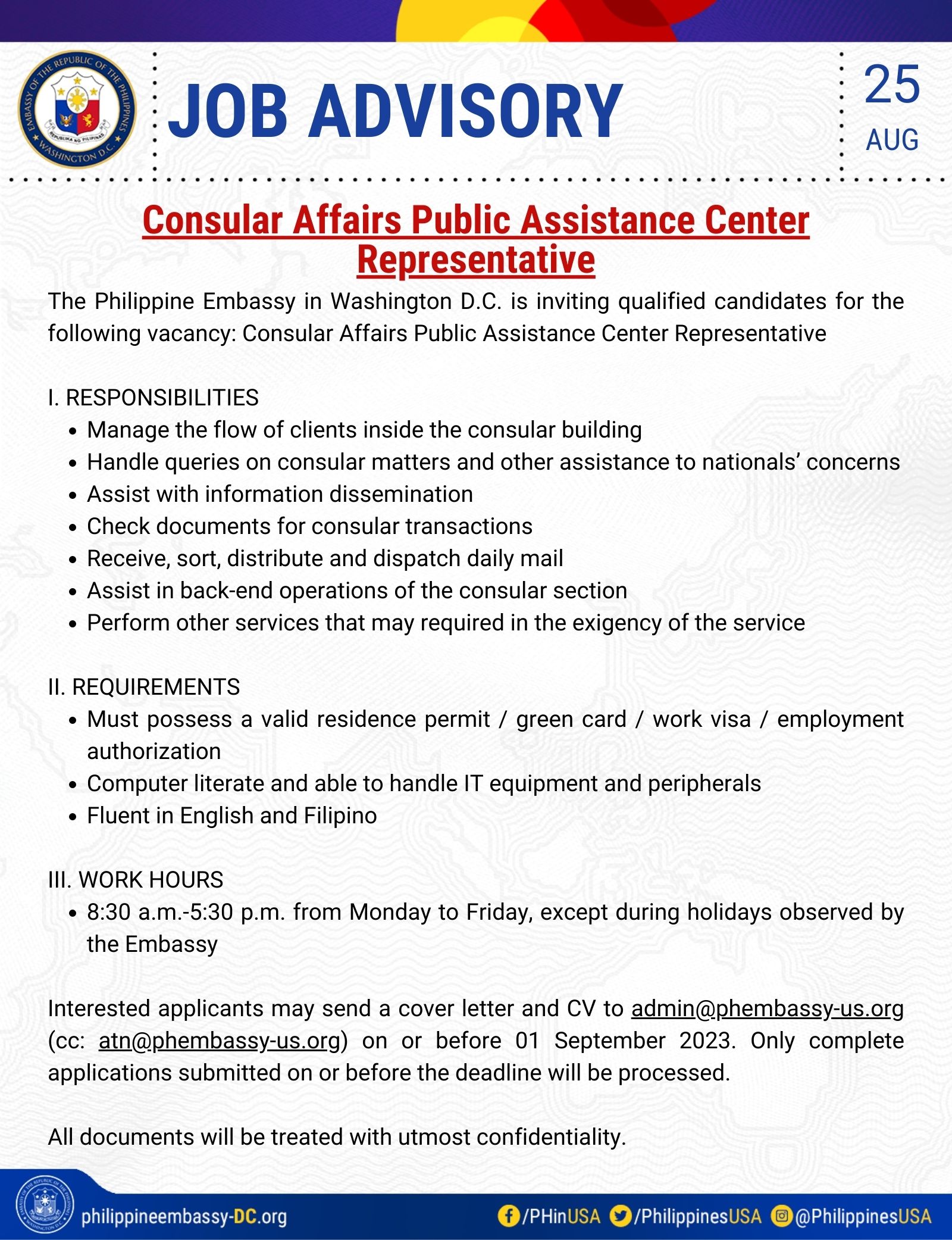JOB VACANCY: Consular Affairs Public Assistance Center Representative