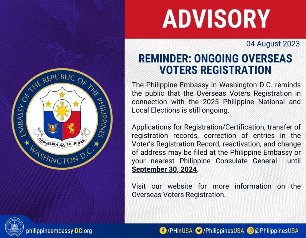 Reminder: Ongoing Overseas Voting Registration Philippine Embassy Washington DC