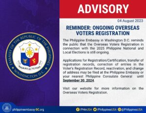 Reminder: Ongoing Overseas Voting Registration Philippine Embassy Washington DC