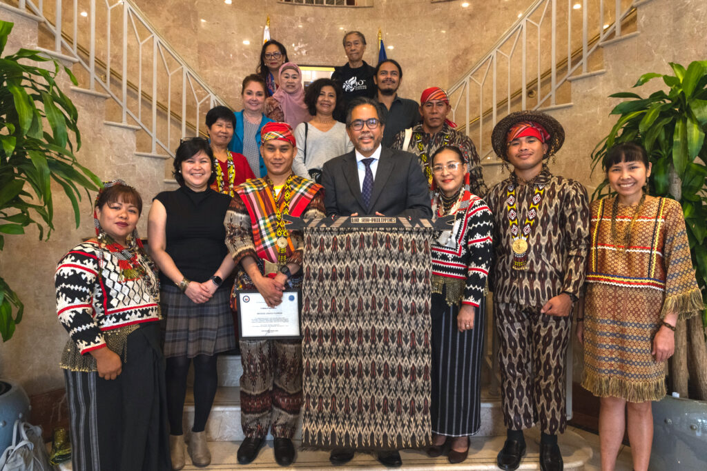 Deputy Chief of Mission Jaime Ramon T. Ascalon, Jr. (center) welcomes to Washington D.C. the Helobung Community Dance Troupe of Lake Sebu. They are set to perform at Norfolk, Virginia on October 10th and at Richmond Folk Festival in Richmond, Virginia on October 14-15, 2023.