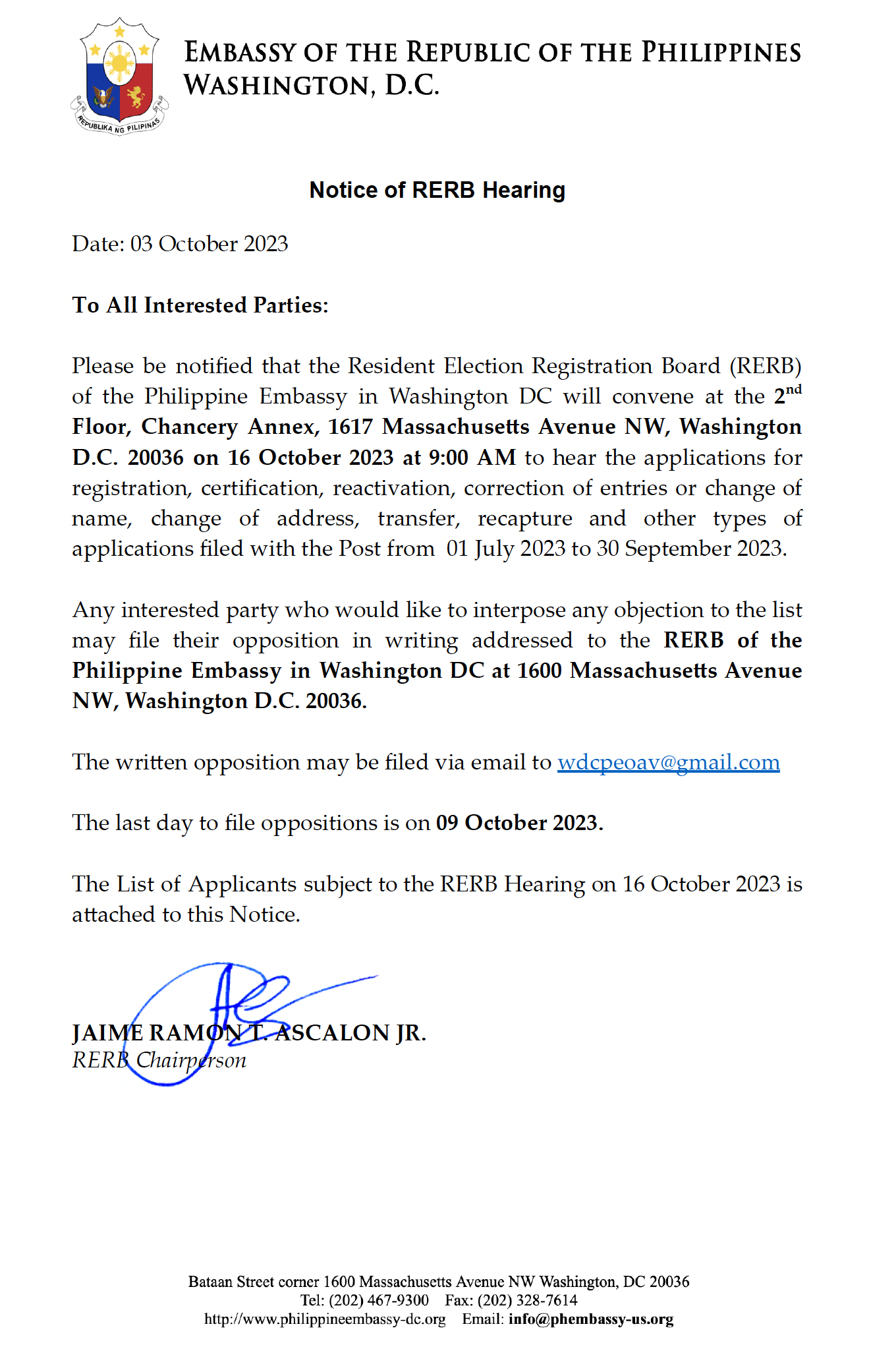 Read more about the article Notice of RERB Hearing – 03 October 2023