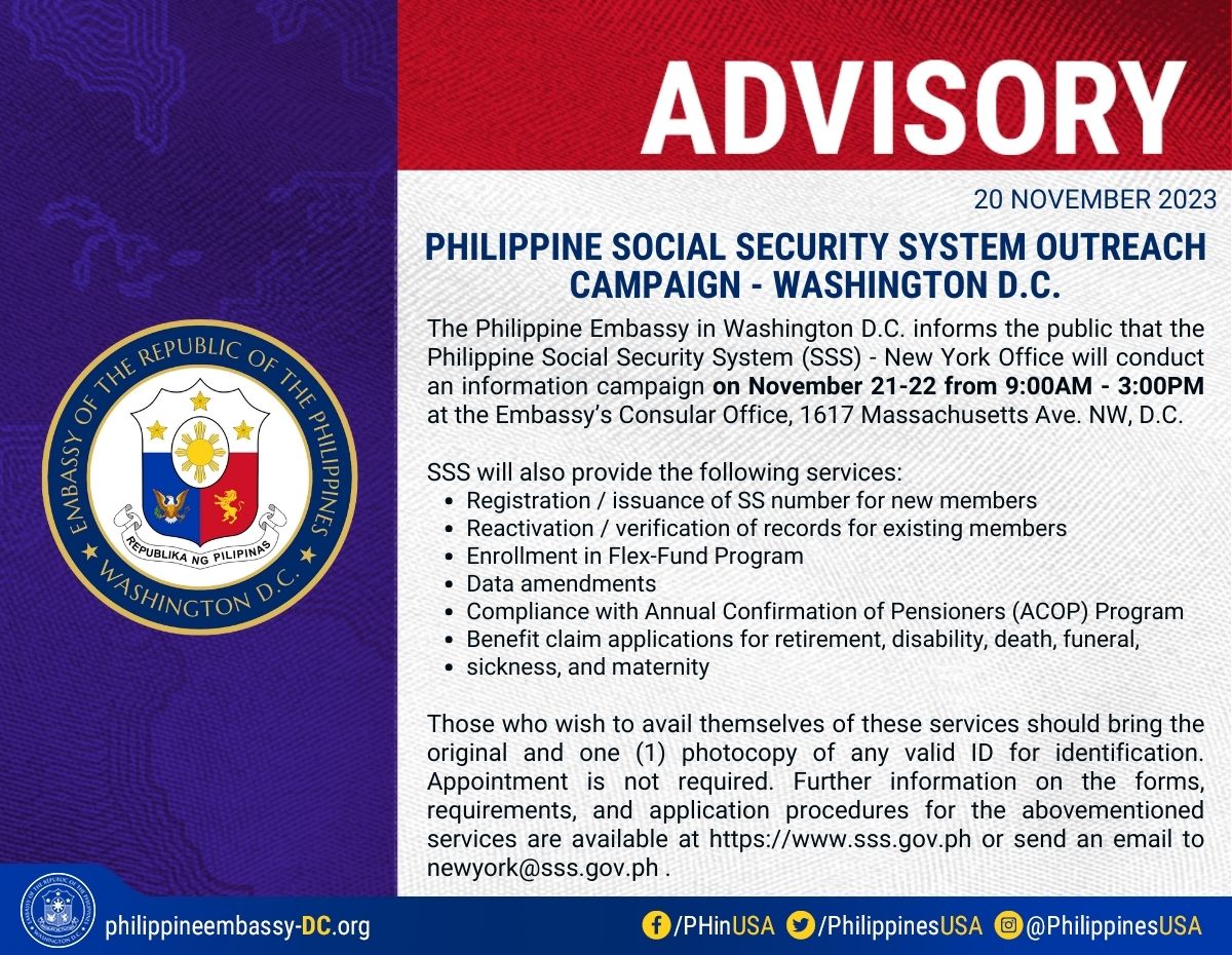 Read more about the article PHILIPPINE SOCIAL SECURITY SYSTEM OUTREACH CAMPAIGN – WASHINGTON D.C.
