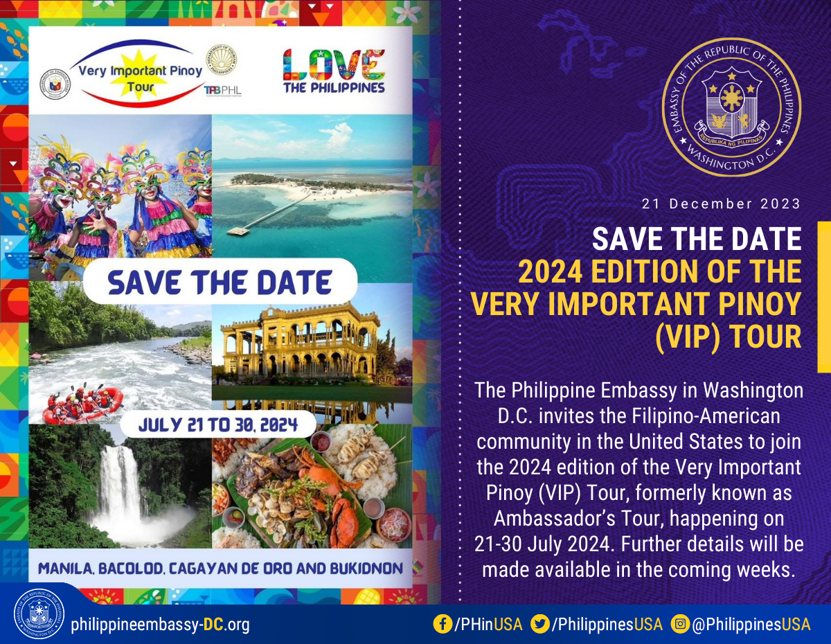 Read more about the article SAVE THE DATE: 2024 EDITION OF THE VERY IMPORTANT PINOY (VIP) TOUR