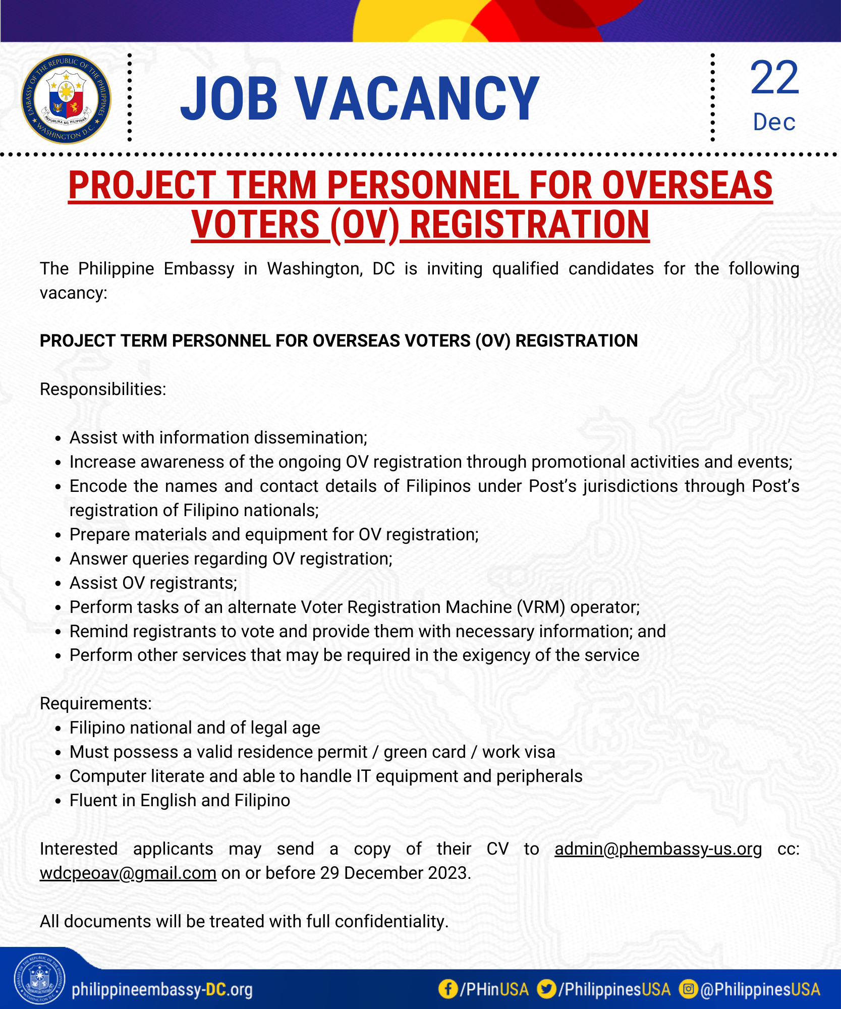 Read more about the article JOB VACANCY: PROJECT TERM PERSONNEL FOR OVERSEAS VOTERS (OV) REGISTRATION