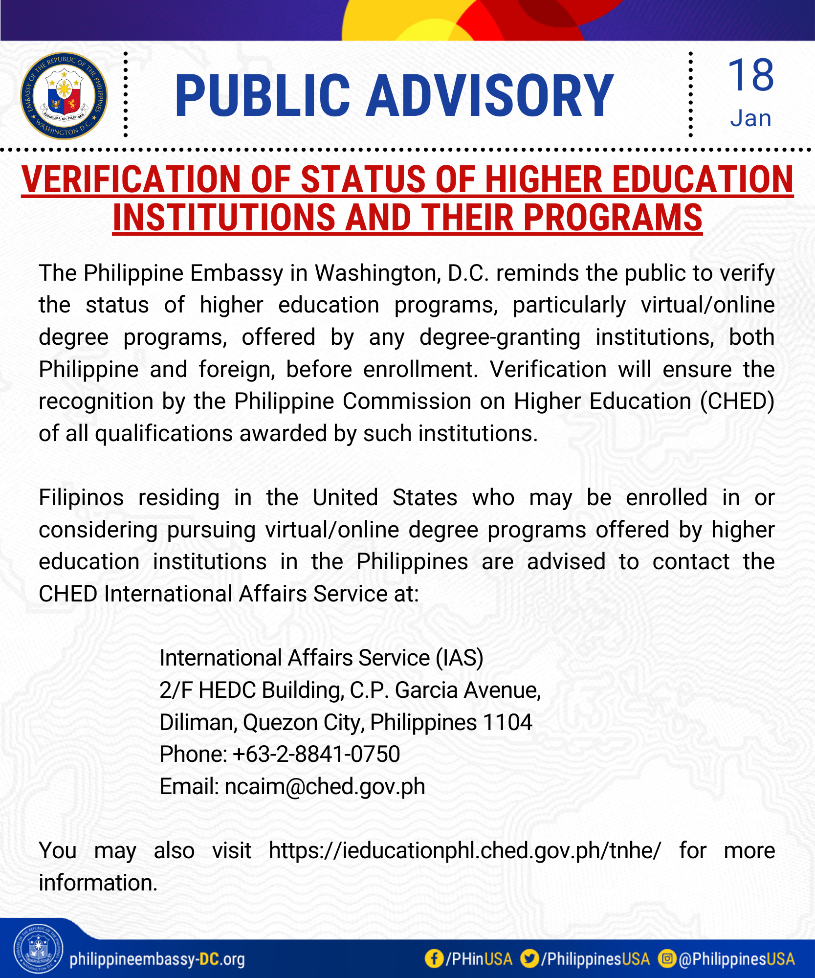 Read more about the article VERIFICATION OF STATUS OF HIGHER EDUCATION INSTITUTIONS AND THEIR PROGRAMS