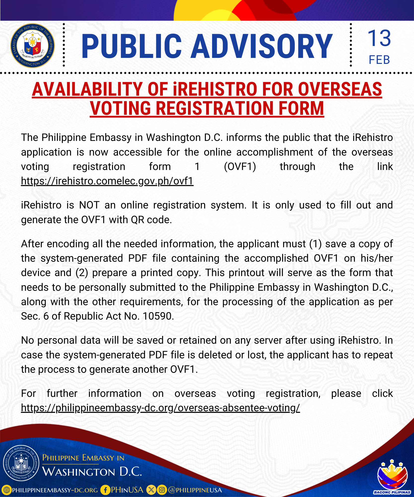 Read more about the article AVAILABILITY OF iREHISTRO FOR OVERSEAS VOTING REGISTRATION FORM