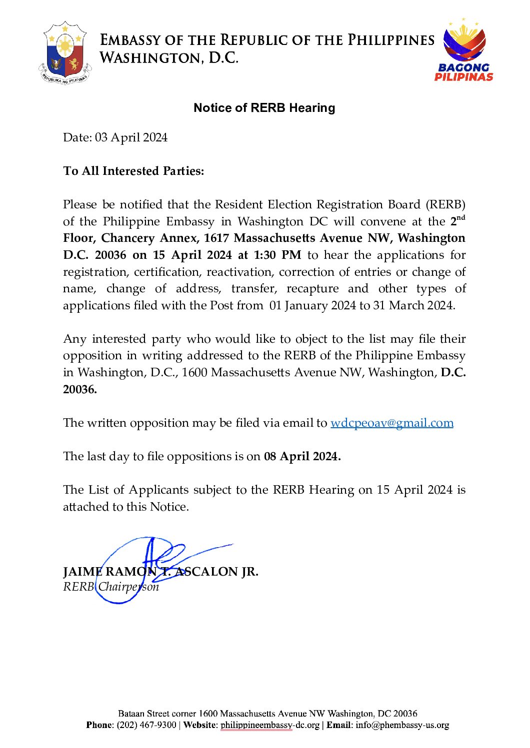Read more about the article NOTICE OF RERB HEARING – 03 APRIL 2024