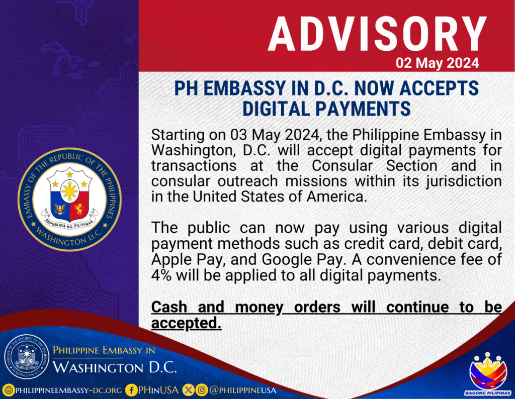 PH EMBASSY IN D.C. NOW ACCEPTS DIGITAL PAYMENTS