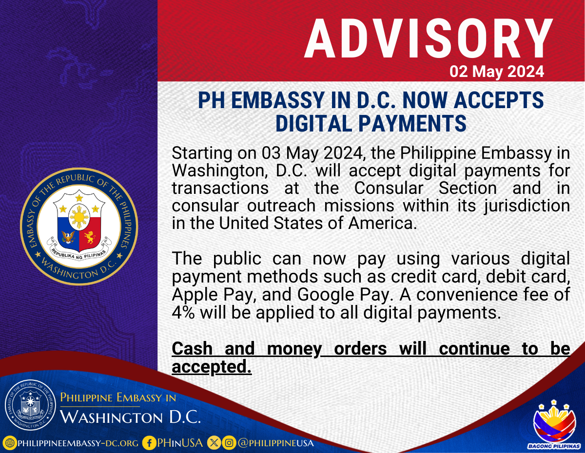 Read more about the article PH EMBASSY IN D.C. NOW ACCEPTS DIGITAL PAYMENTS