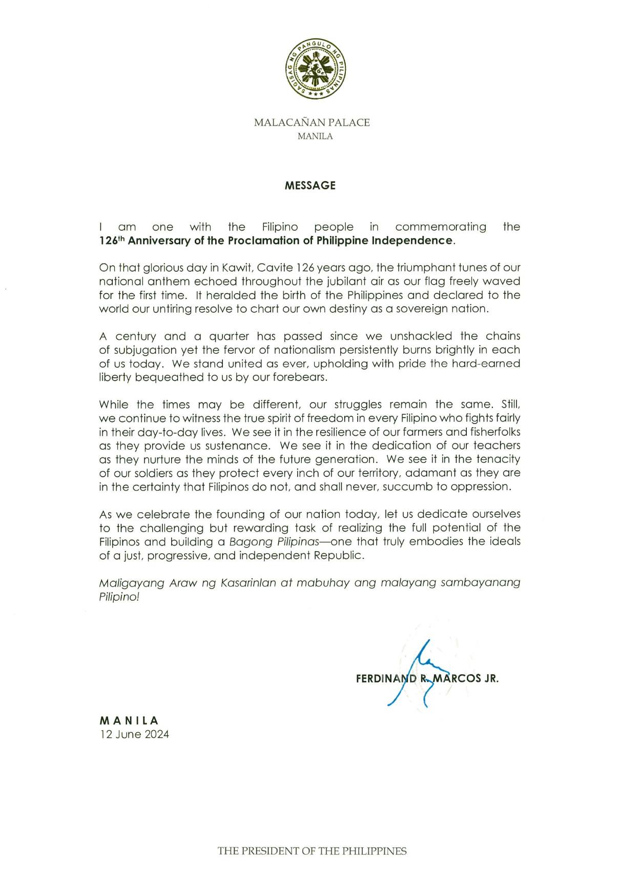 126TH ANNIVERSARY OF THE PROCLAMATION OF PHILIPPINE INDEPENDENCE MESSAGES OF PRESIDENT FERDINAND