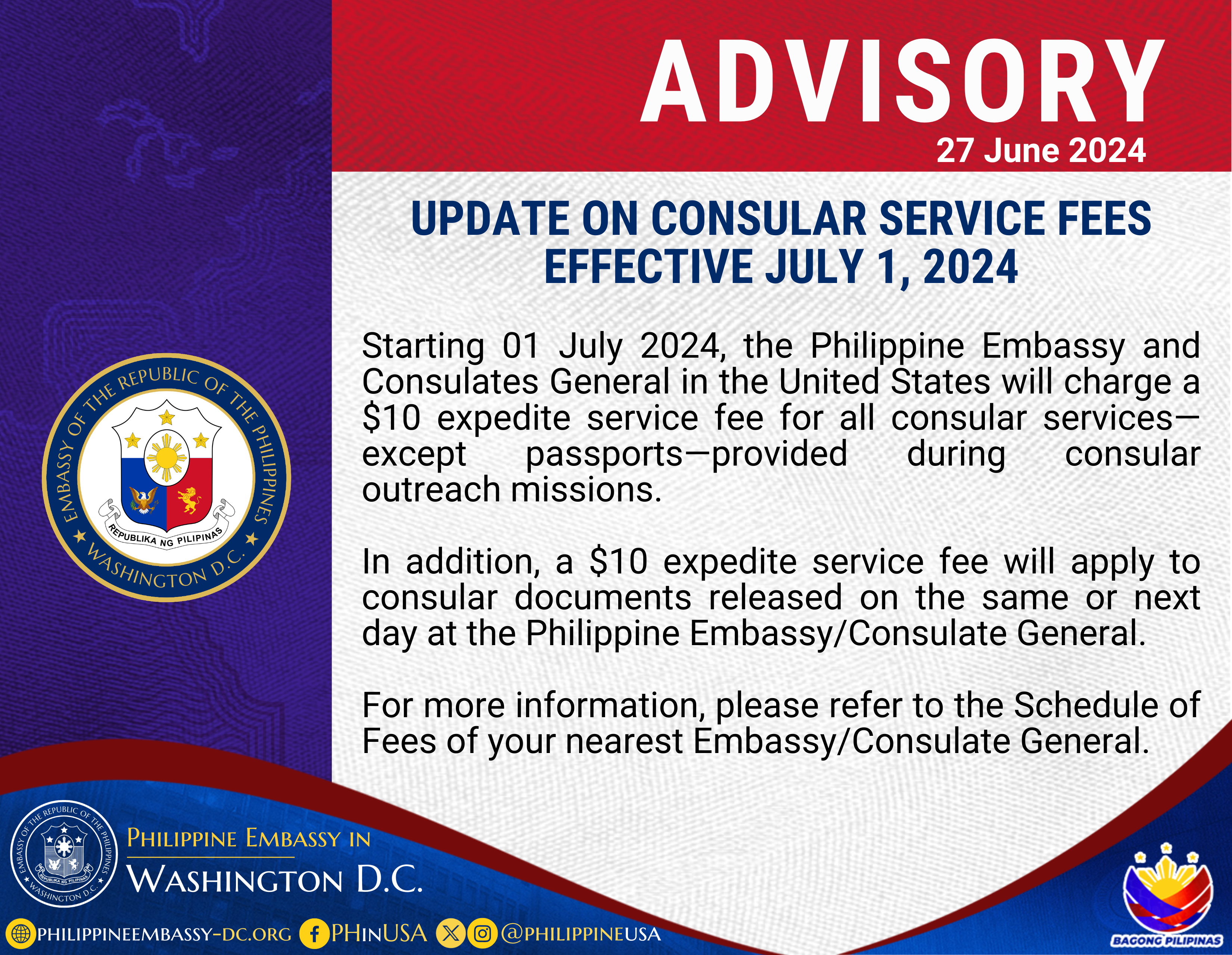Read more about the article UPDATE ON CONSULAR SERVICE FEES EFFECTIVE JULY 1, 2024