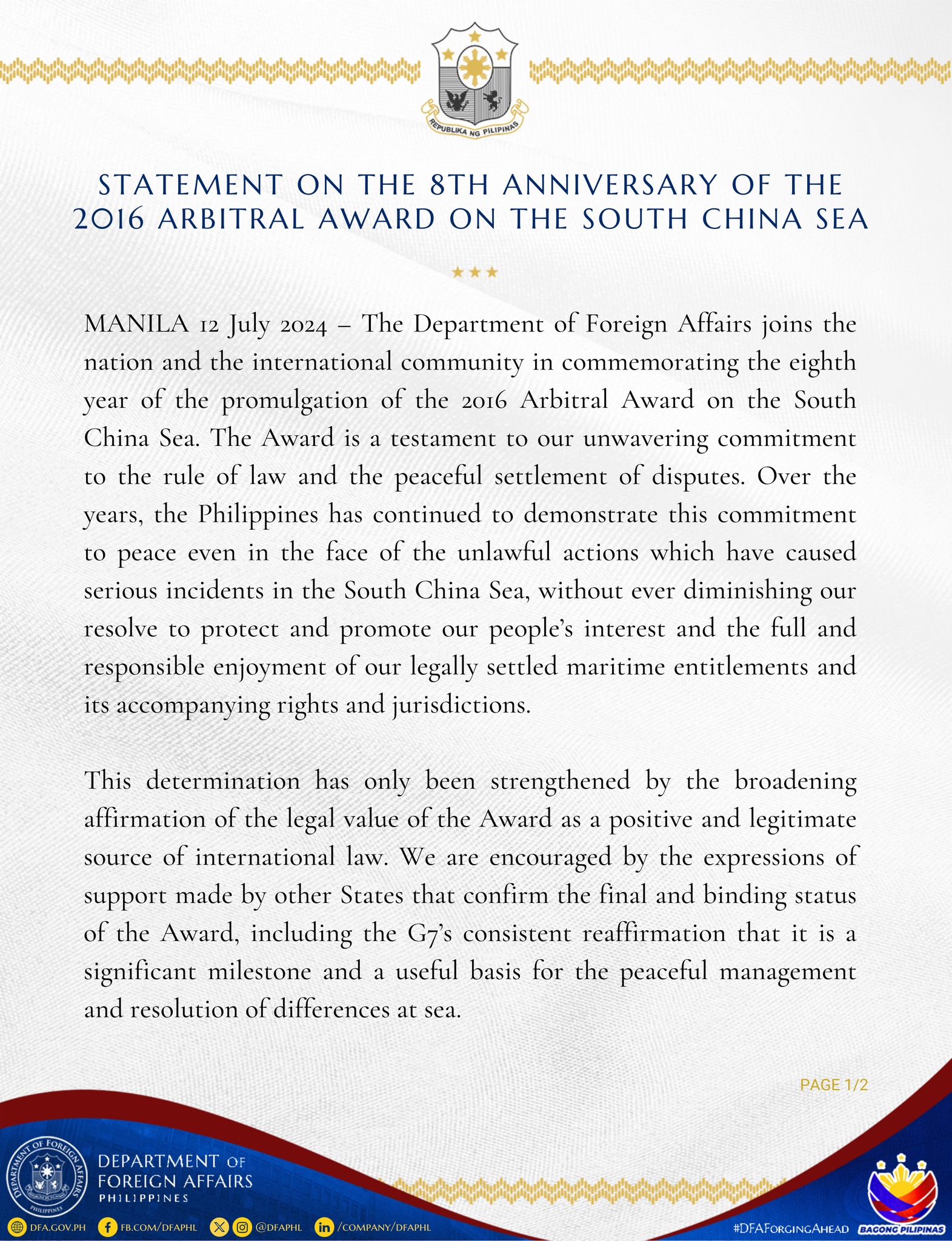STATEMENT ON THE 8TH ANNIVERSARY OF THE 2016 ARBITRAL AWARD ON THE ...