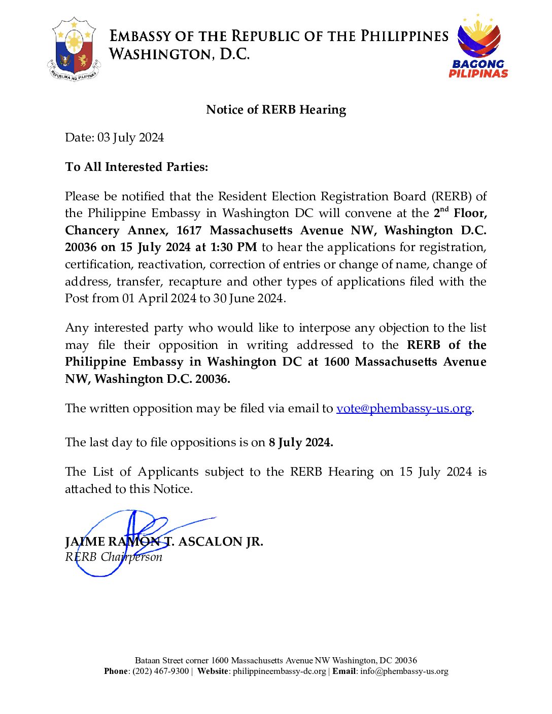 Read more about the article NOTICE OF RERB HEARING – 03 JULY 2024