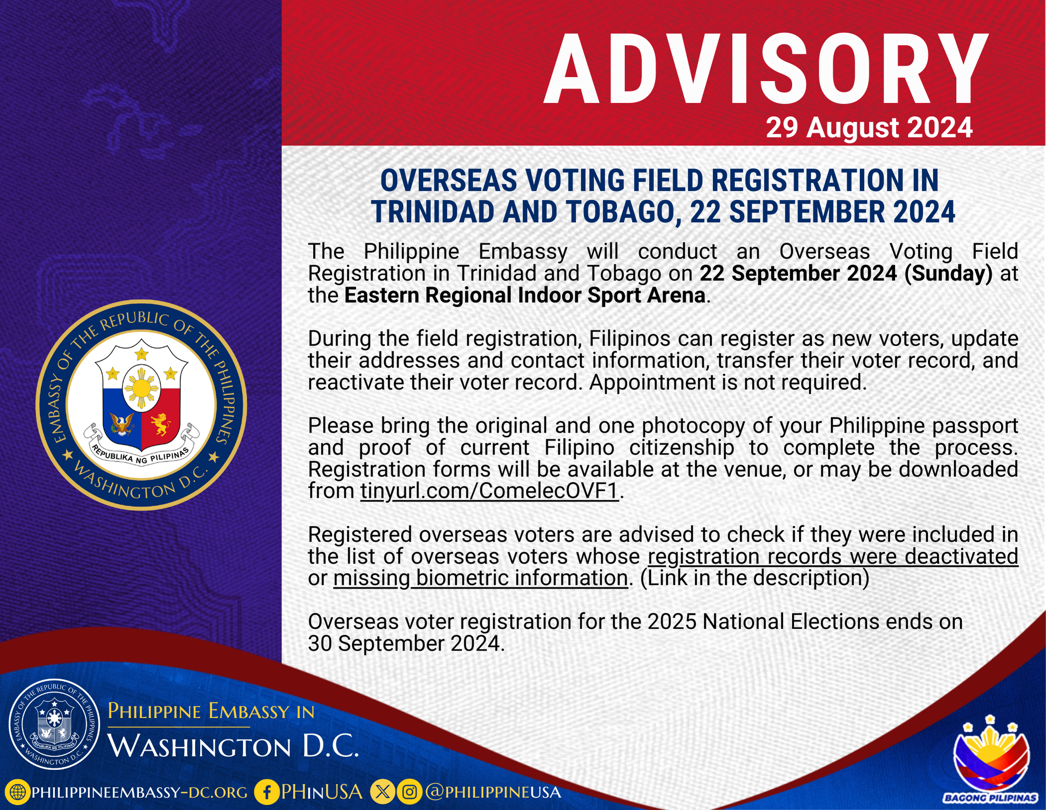 Read more about the article OVERSEAS VOTING FIELD REGISTRATION IN TRINIDAD AND TOBAGO, 22 SEPTEMBER 2024