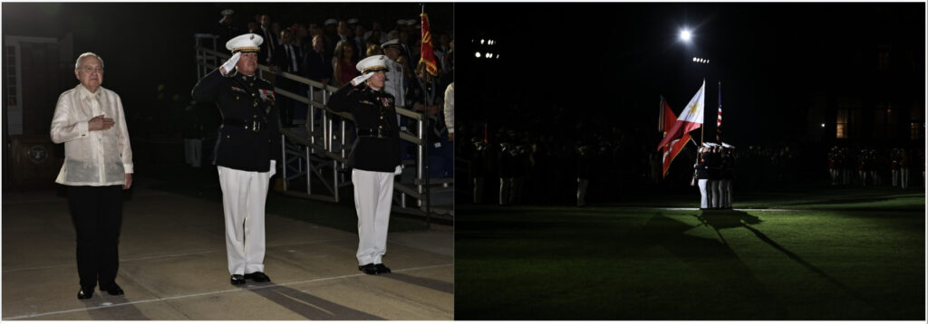 The Philippine flag was presented alongside the American flag and official Battle Color of the US Marine Corps. This was the first instance a foreign flag was presented by the US Marine Color Guard during an Evening Parade.