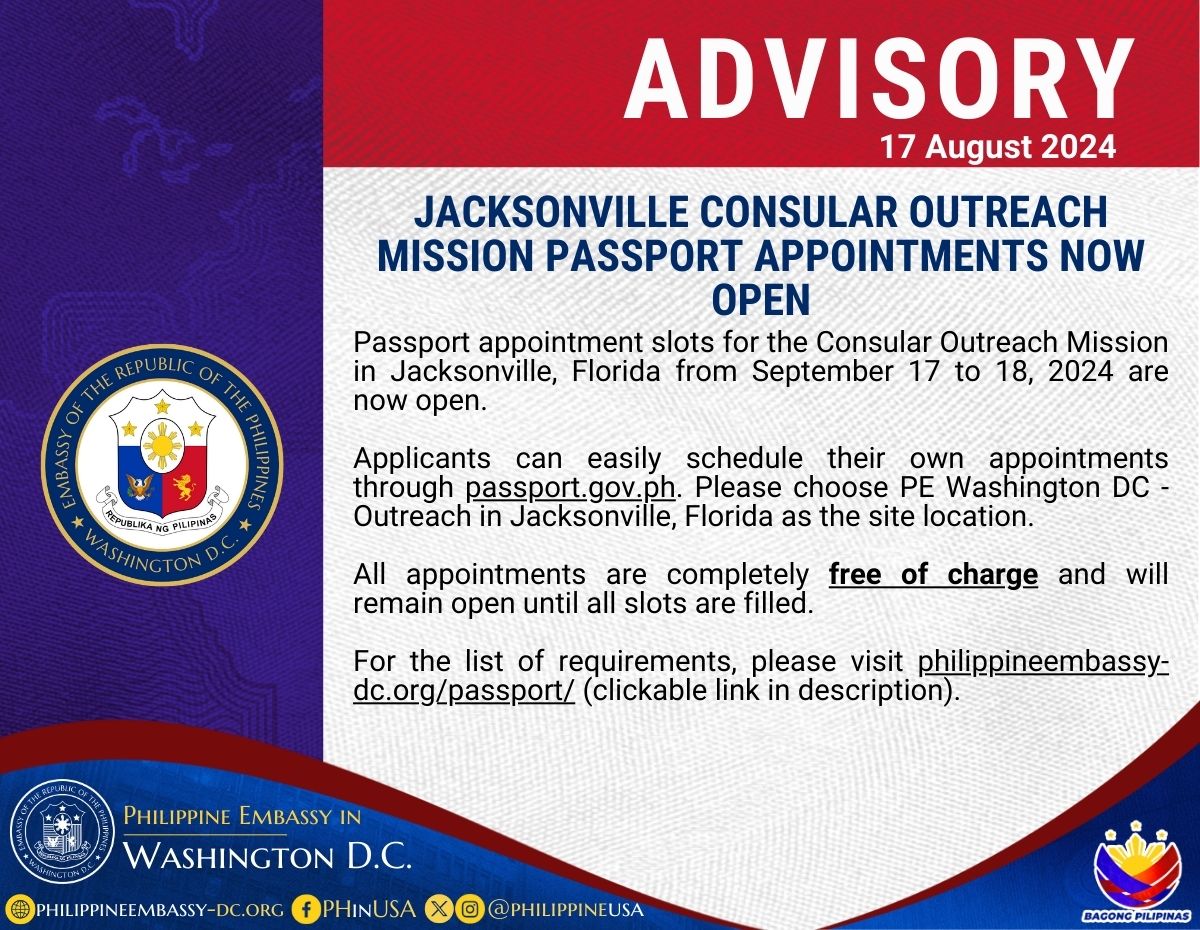 Read more about the article JACKSONVILLE CONSULAR OUTREACH MISSION PASSPORT APPOINTMENTS NOW OPEN